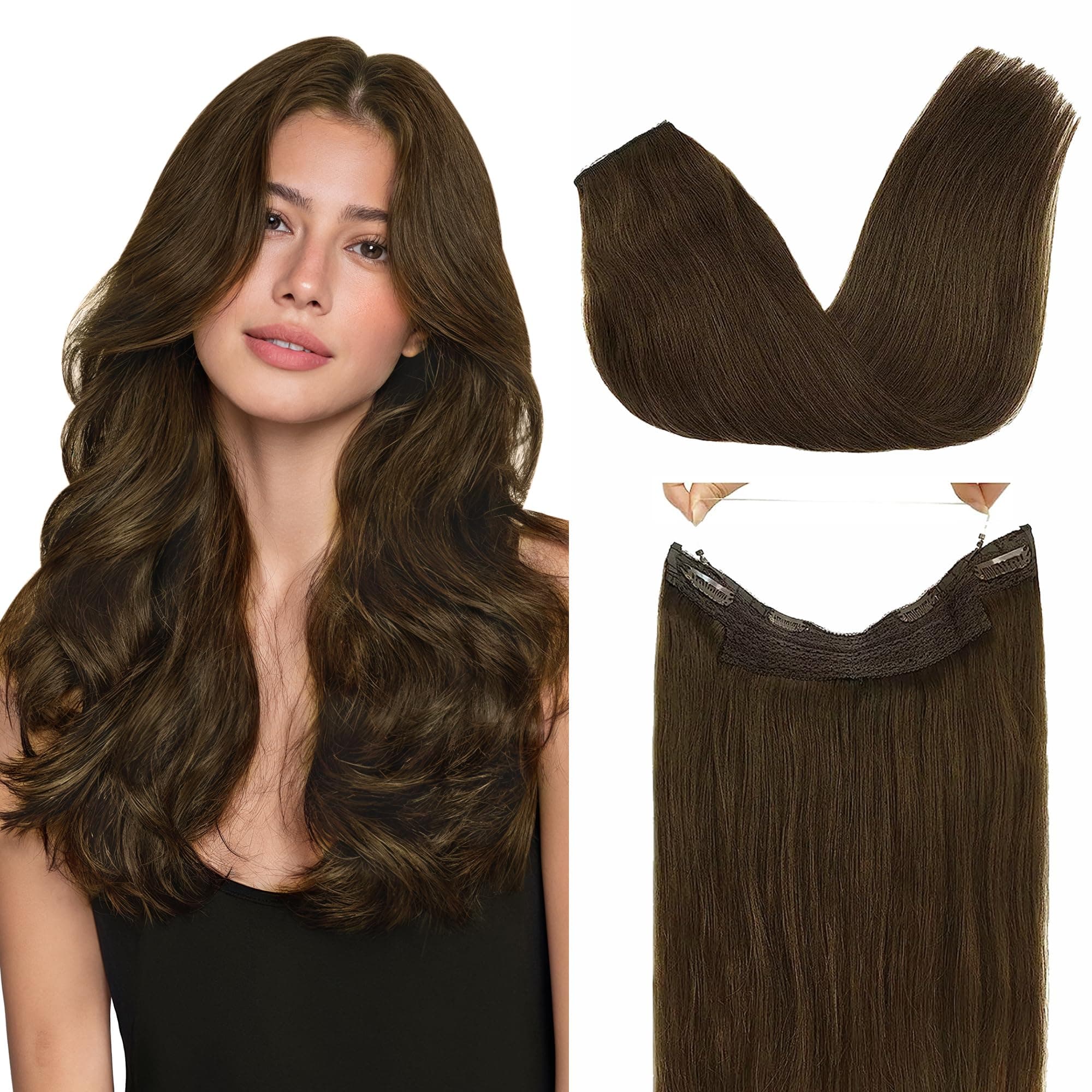 GOO GOO Wire Hair Extensions Human Hair, 4A Chocolate Brown Natural 22inch 115g, Invisible Wire Hair Extensions with Transparent, Seamless Fish Line Hairpiece