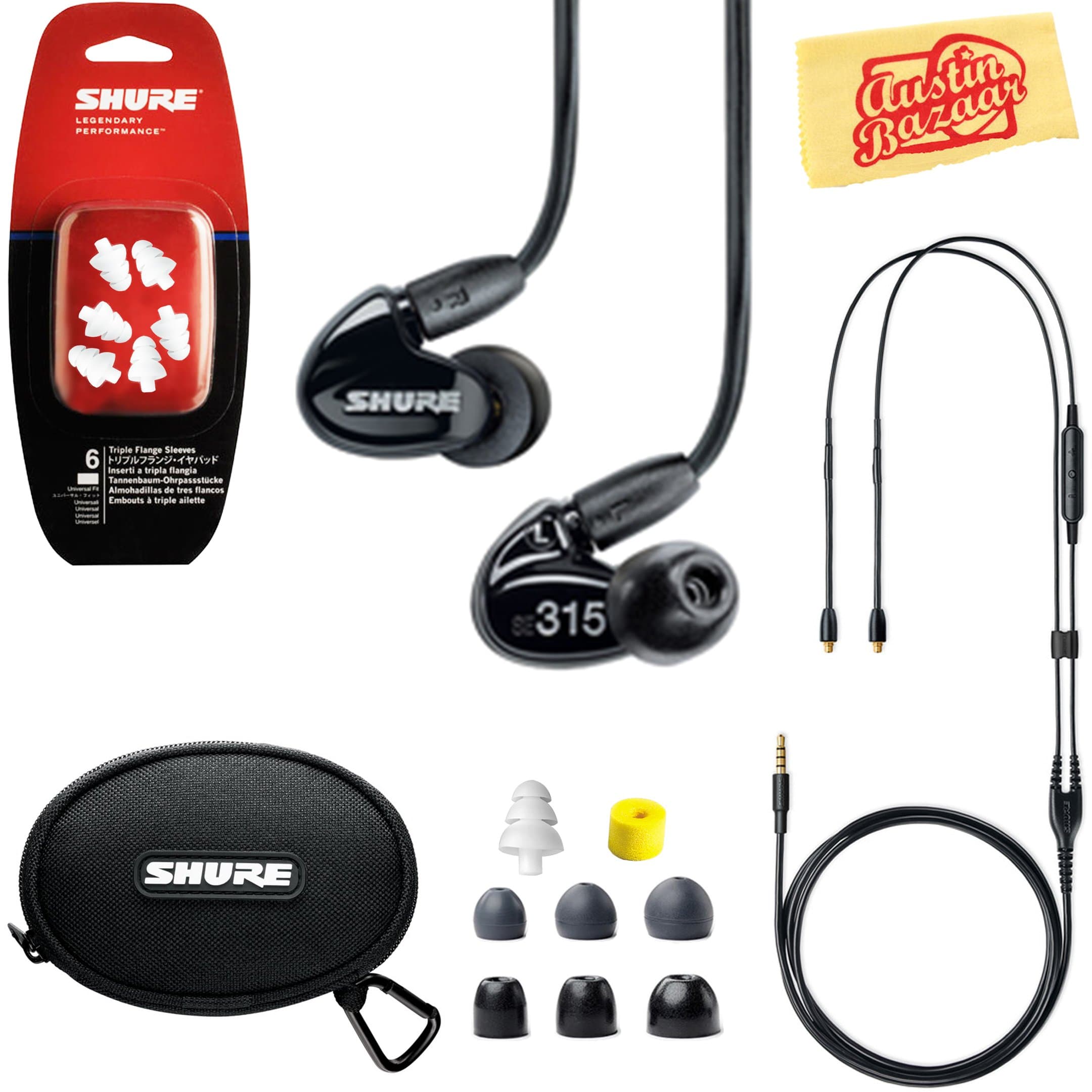 Shure SE315 Sound Isolating Earphones - Black Bundle with Remote Cable, Triple Flange Sleeves, Sleeve Fit Kit, Carrying Case, and Austin Bazaar Polishing Cloth