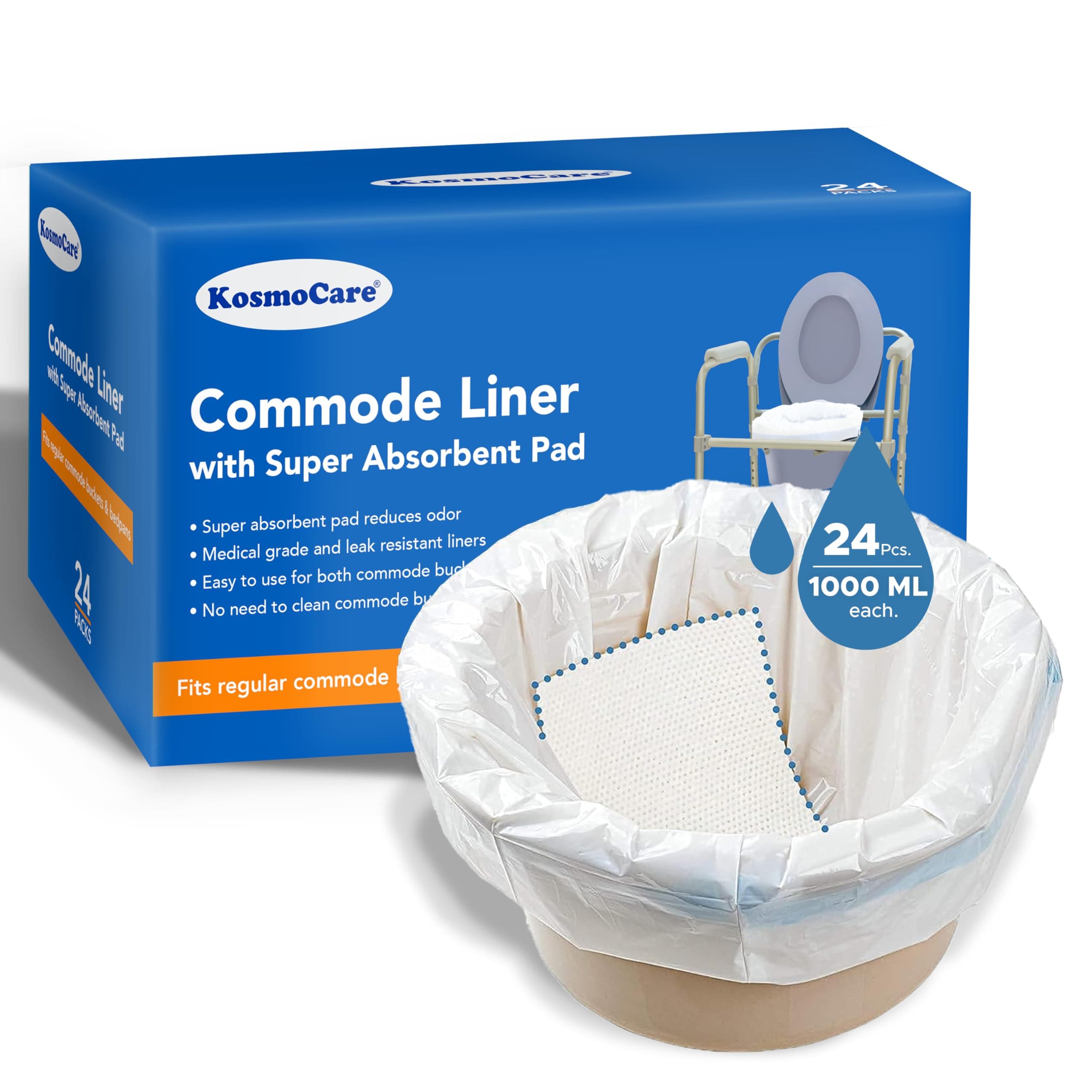 KosmoCare Disposable Bedside Commode Pail Liners; 24 Liners Universal Fit with Super Absorbent Pads