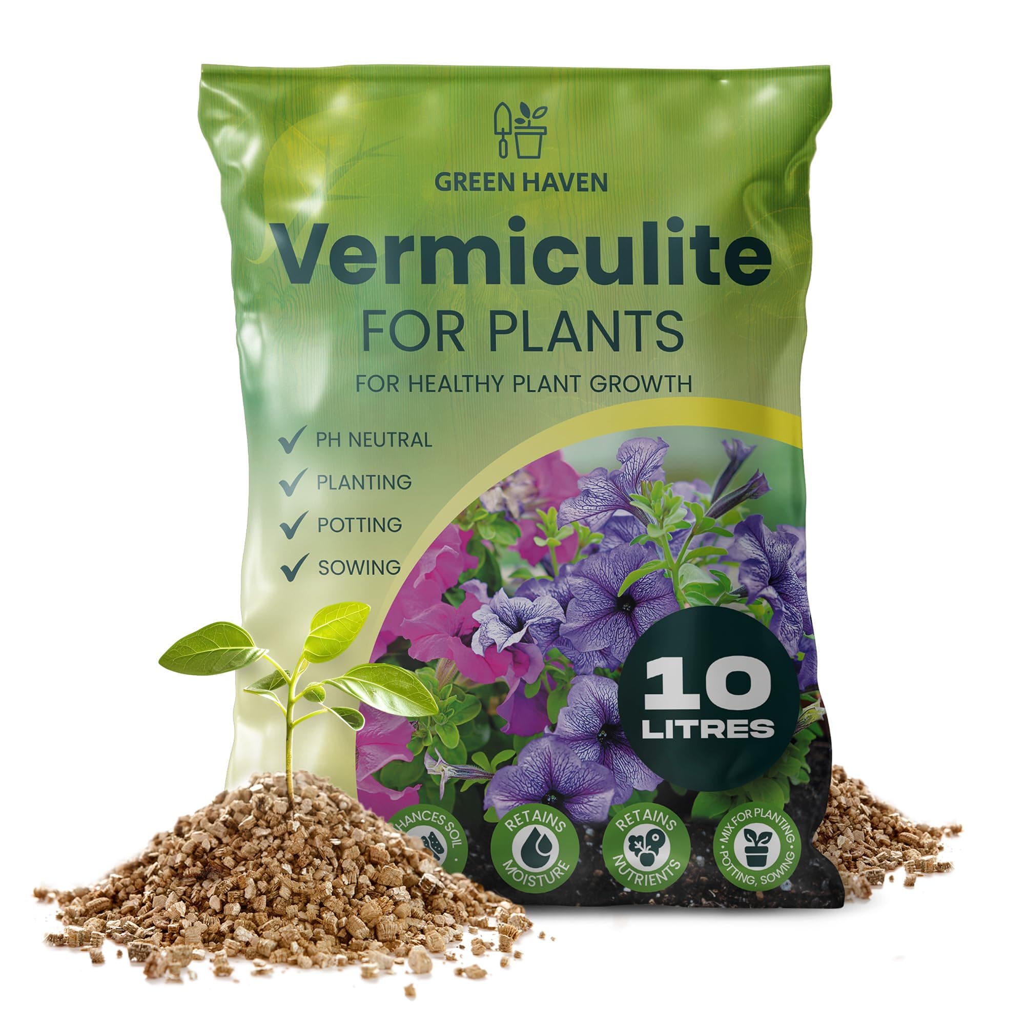 GREEN HAVEN 10L/1Kg Vermiculite for Plants – Natural Vermiculite Helps Retain Water & Nutrients, Ideal for Indoor & Outdoor Use, Promotes Healthy Growth and Soil Aeration