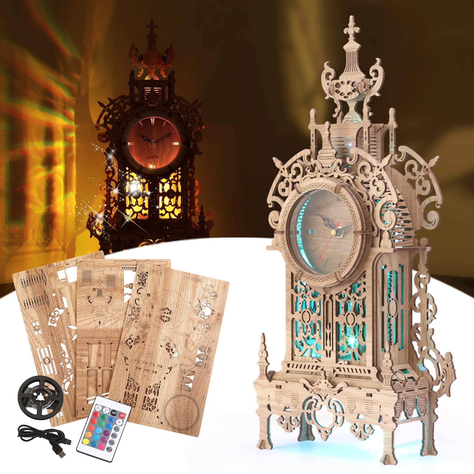 3D Wooden Puzzle Adult LED Tower Clock, 3D Puzzle Wooden Clock Model Kit, 3D Puzzle Clock Kits for Adults