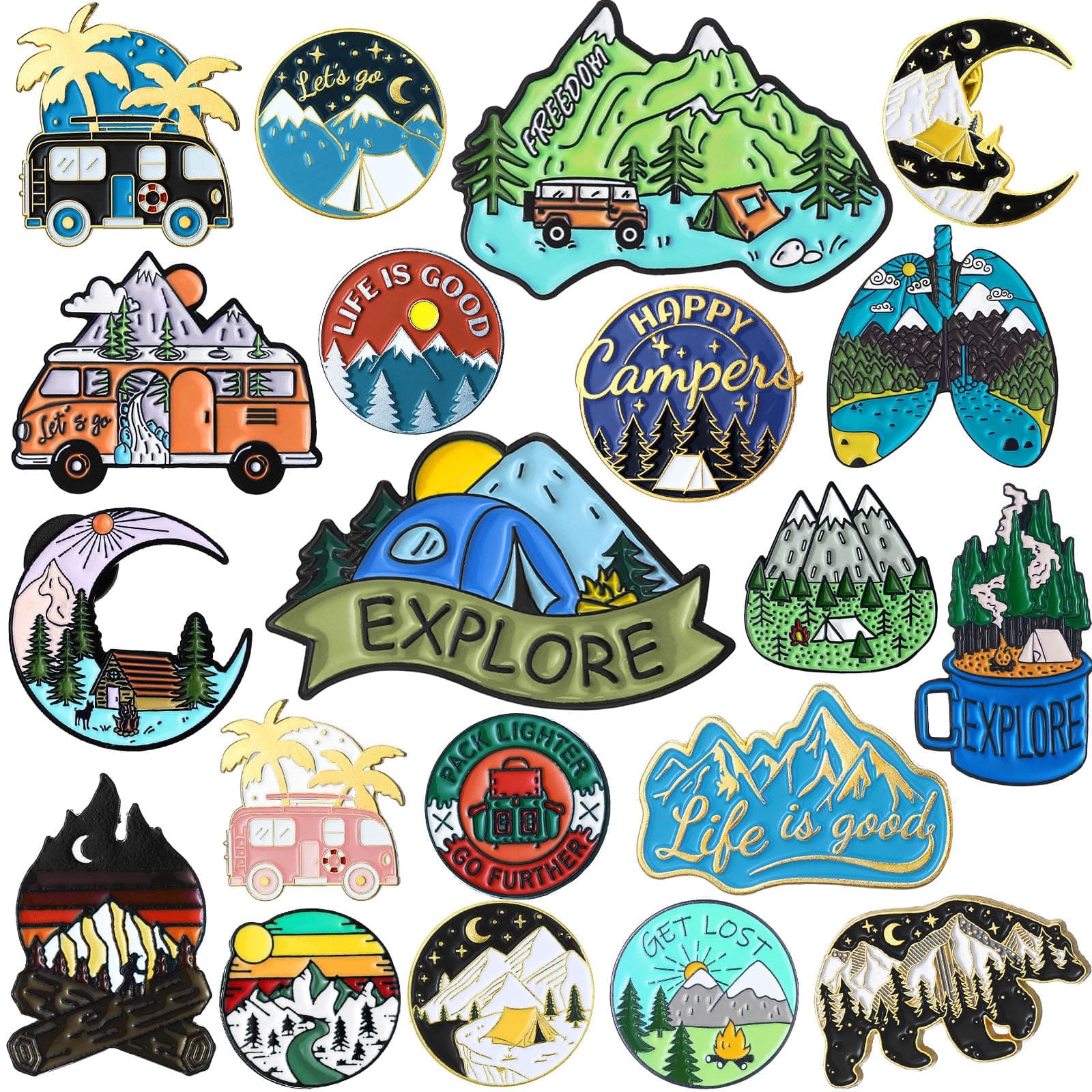Janinka 20 Pcs Camping Enamel Pins Adventure Outdoors Pins Set Gift Mountain Backpacking Funny Camping Brooch Bulk Nature Button Vintage Lapel Brooch Cute Gifts for Women Men Jackets Clothes Cap