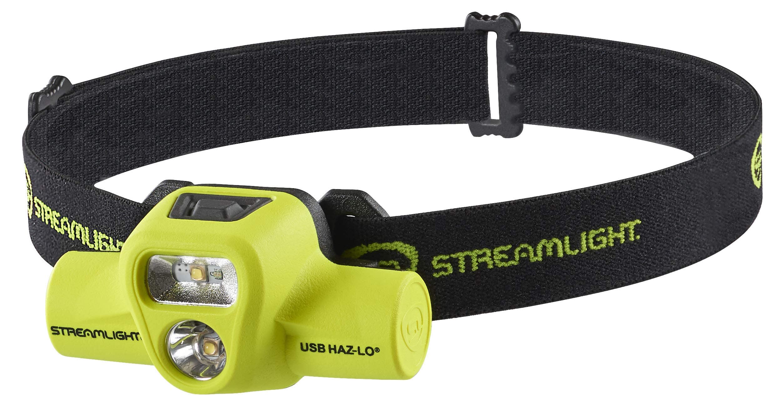 Streamlight 61460 USB HAZ-LO 250-Lumen Intrinsically Safe Headlamp with 120V AC Charging System, Elastic Head Strap, Rubber Hard Hat Strap, and 3M Dual Lock Fasteners, Yellow