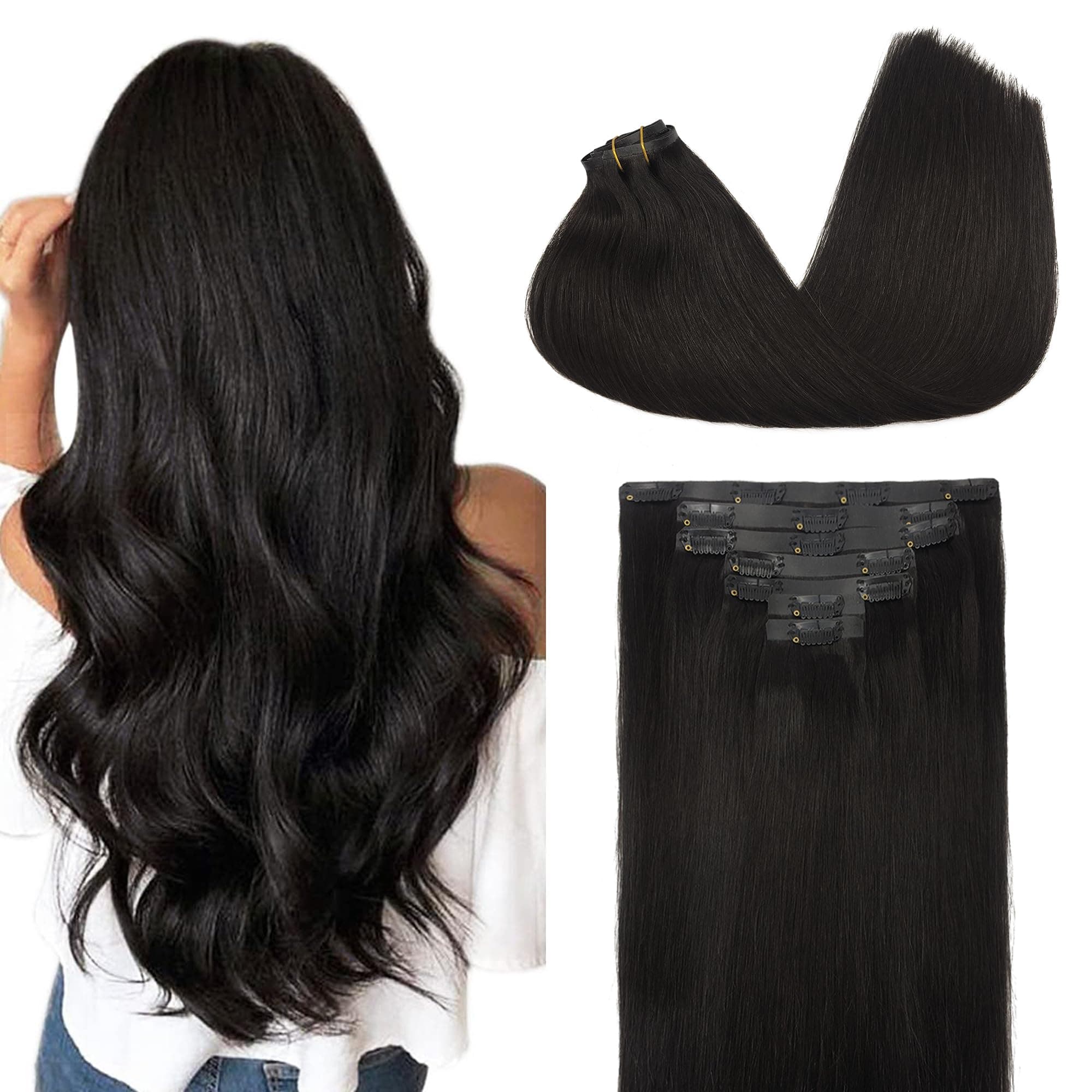 GOO GOO Remy Seamless Clip in Hair Extensions 18 Inch Natural Black Hair Extensions Clip in PU Weft 130g 7pcs Real Natural Hair Extensions Thick Straight Hair Extensions for Women