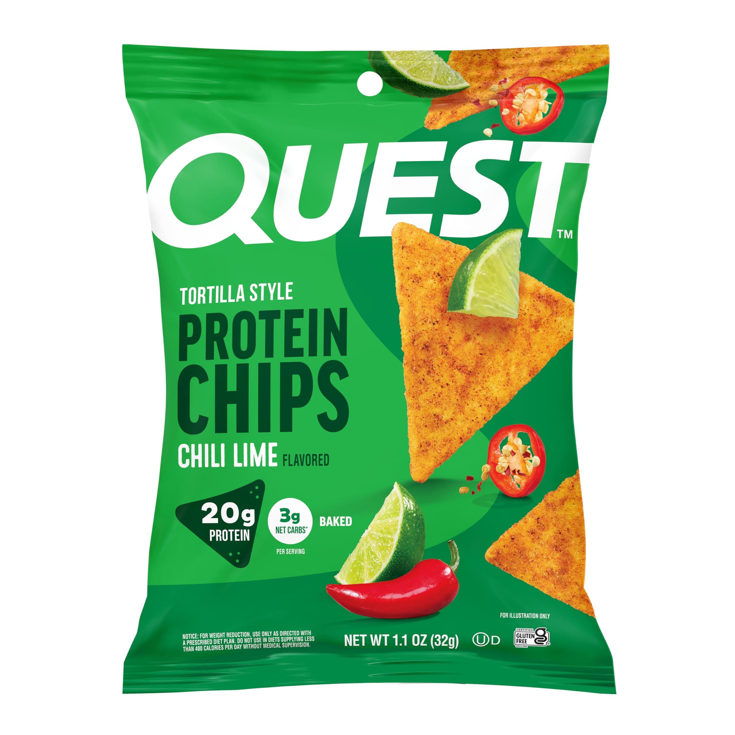 Quest Nutrition Tortilla Style Protein Chips, Chili Lime, Baked, 1.1 Oz, Pack of 12