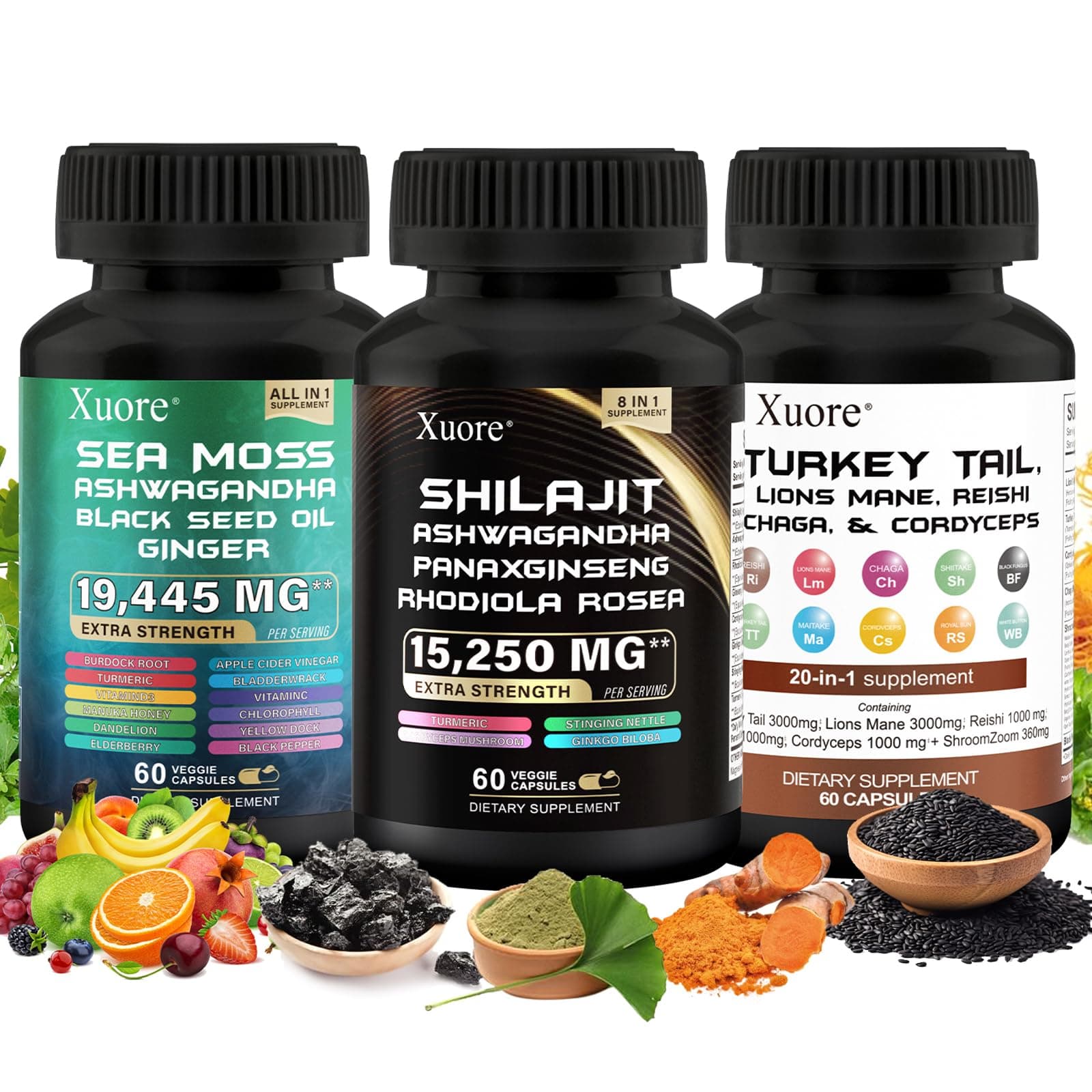 Shilajit,Sea Moss, Black Seed Oil,Mushroom & Herb Supplement with Lions Mane, Turkey Tail, Reishi, Cordyceps, Chaga, Ashwagandha, Ginger, Rhodiola Rosea & Panax Ginseng,All in One Supplement.