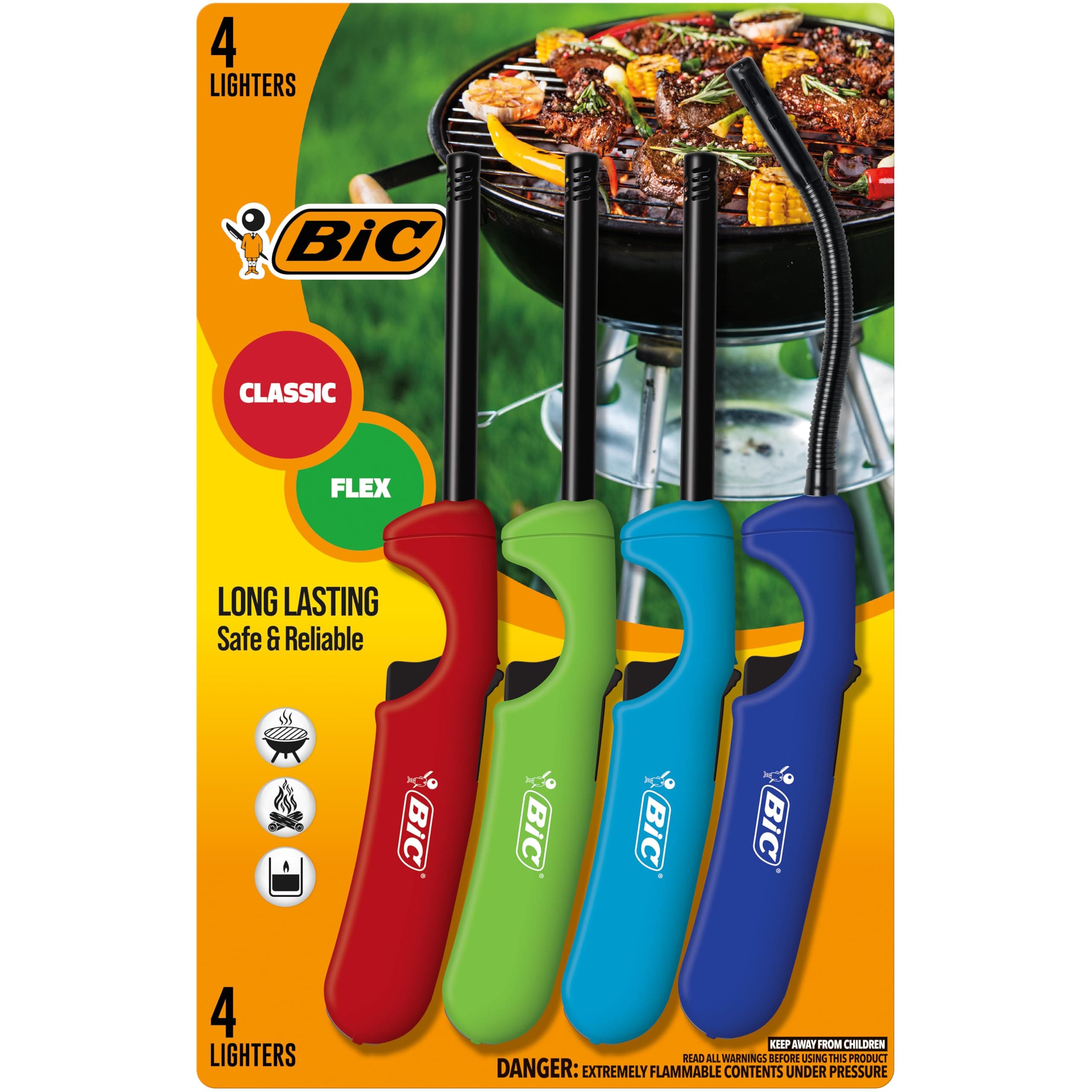 Multi-Purpose Classic Edition Lighter & Flex Wand Stick Lighter, Ideal Fireplace and Candle Lighters, Assorted Colors, 4 Pack (Colors May Vary)