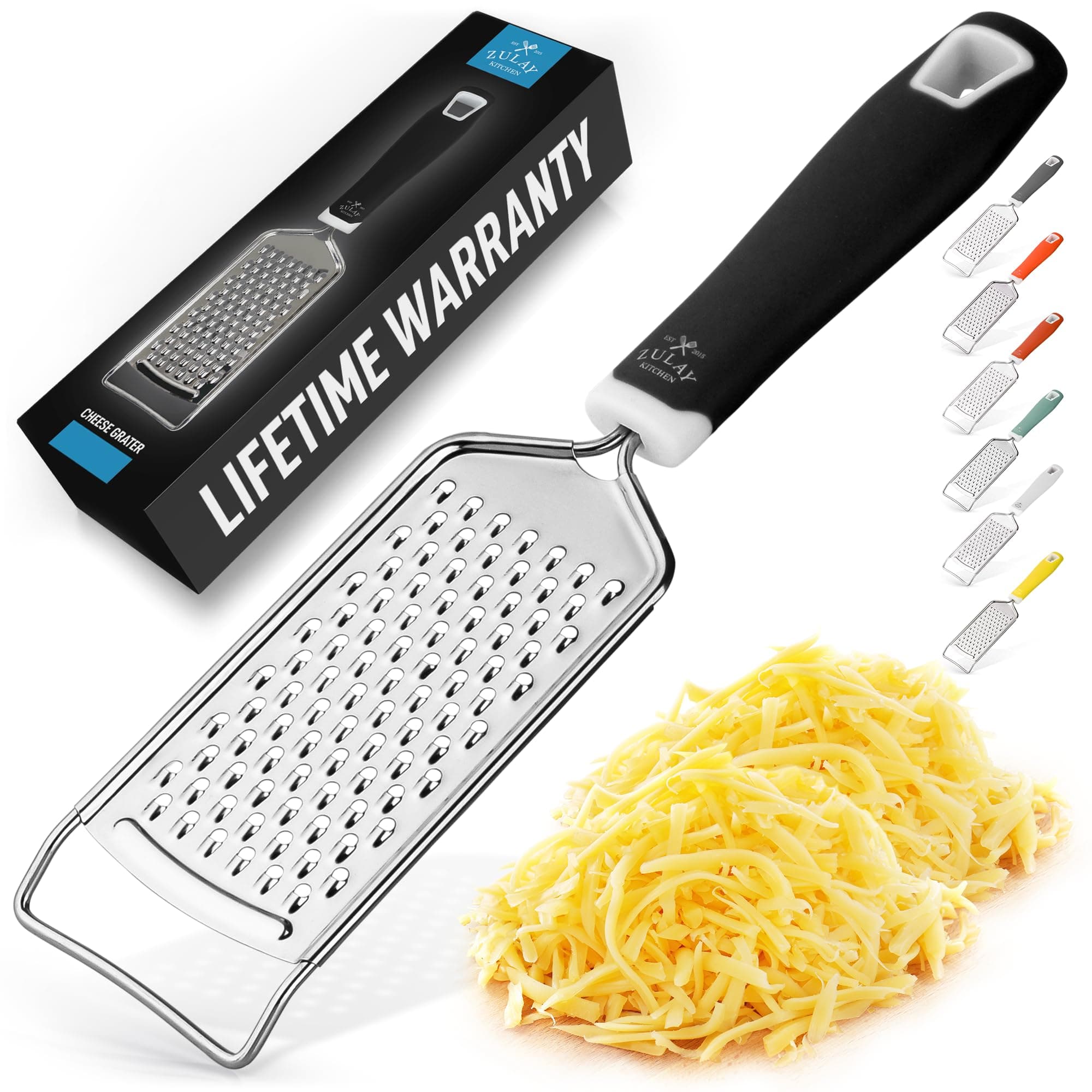 Professional Cheese Grater Stainless Steel - Durable Rust-Proof Metal Lemon Zester Grater With Handle - Flat Handheld Grater For Cheese, Chocolate, Spices, And More - Black