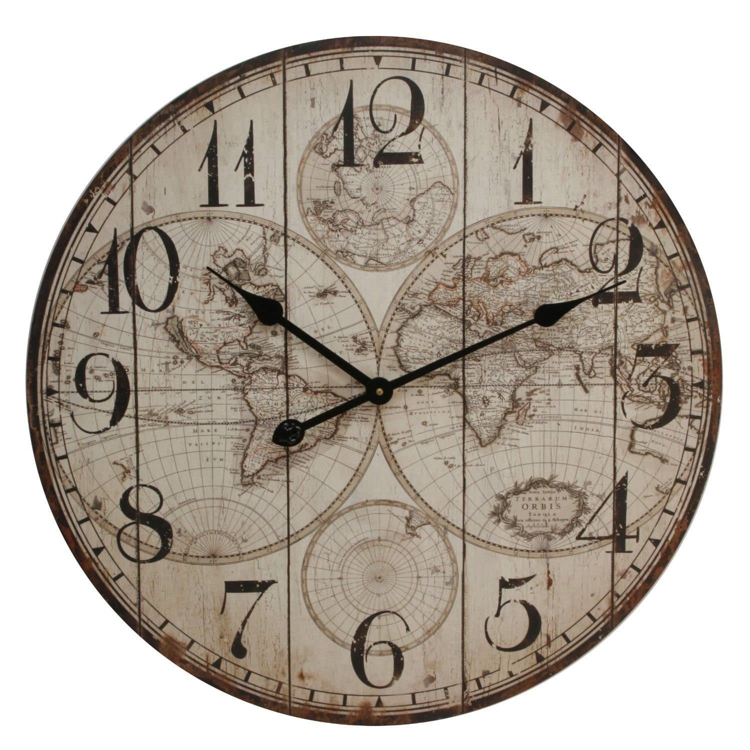 Large Rustic Wall Clock with World Map Design - 60cm Diameter