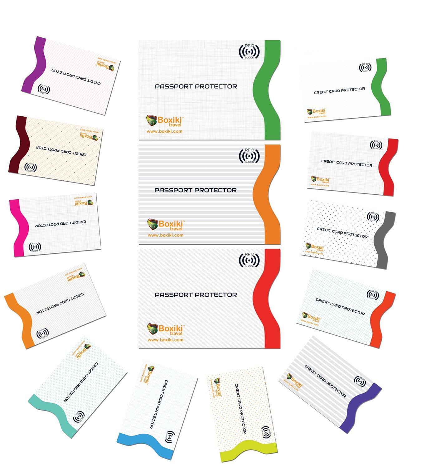 RFID Blocking Sleeves, Set with Color Coding. Identity Theft Prevention RFID Credit Card Holders by Boxiki Travel (Set of 12 Credit Card Protectors + 3 Passport Holders), White