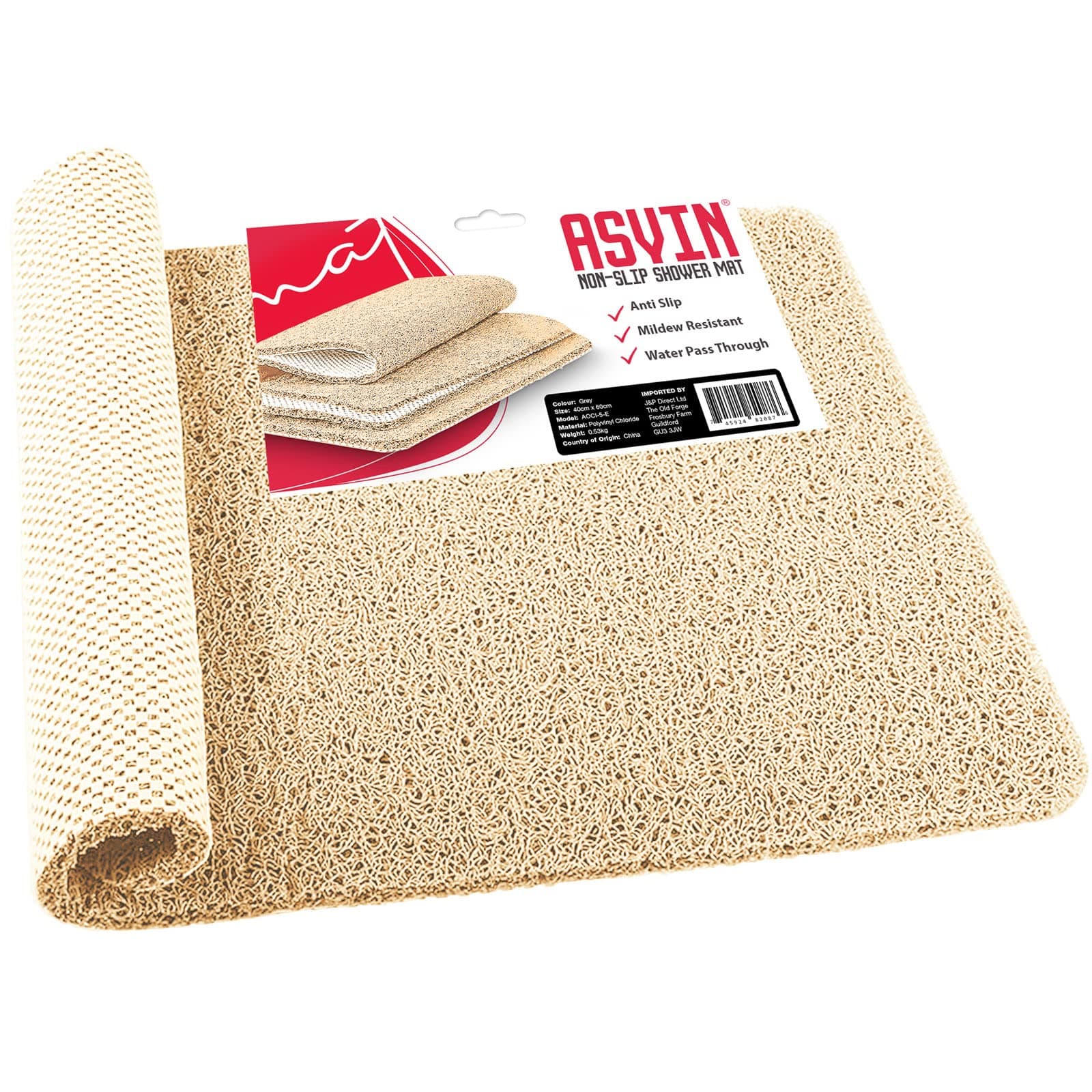 Asvin Soft Textured Beige Shower Mat Non Slip Anti Mould for Inside Shower & Bath 24x16 inch Phthalate Free Rubber Loofah Bathroom Mats for Slippery Surfaces, Quick Dry Antibacterial & Mould Resistant