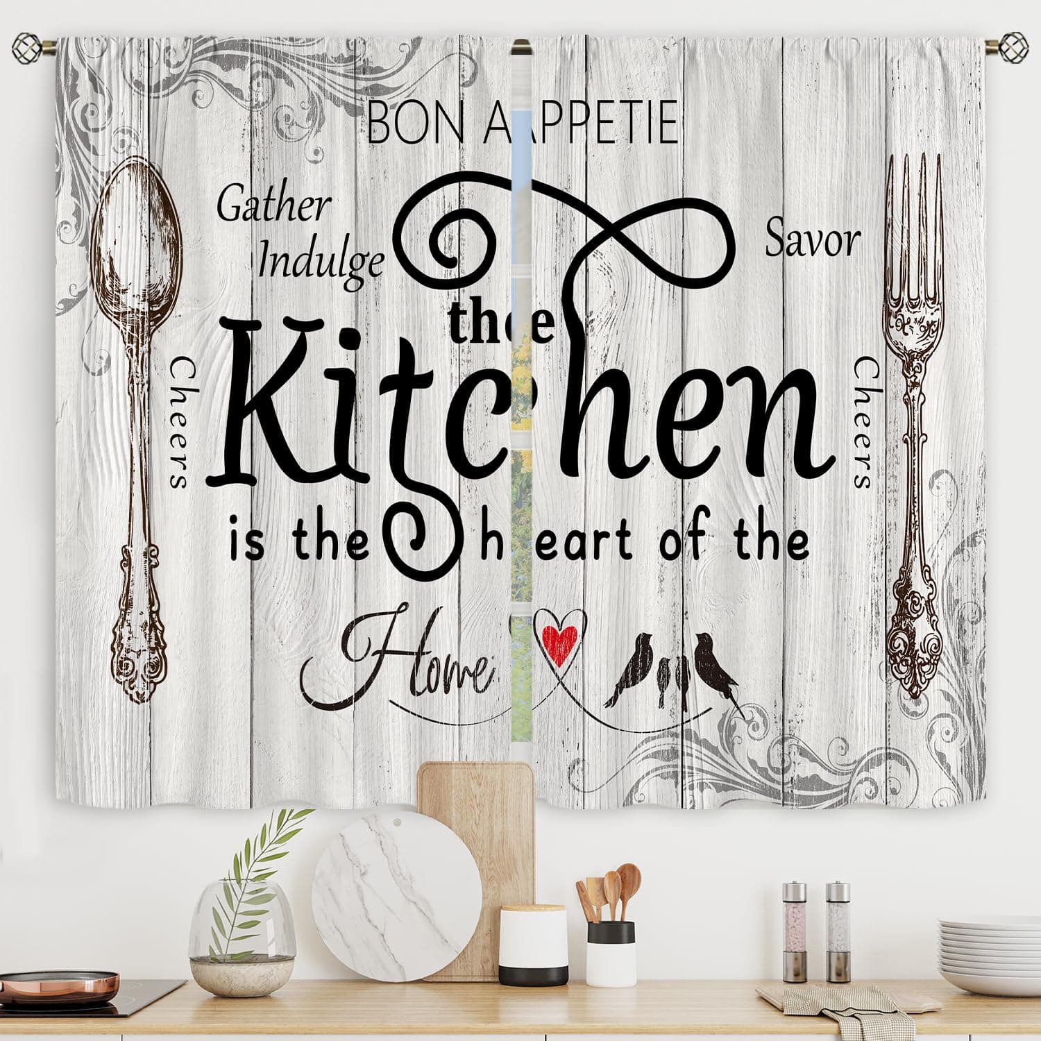 Riyidecor Kitchen Curtains Rustic Farmhouse 55x39 Inch Rod Pocket Country Sho...