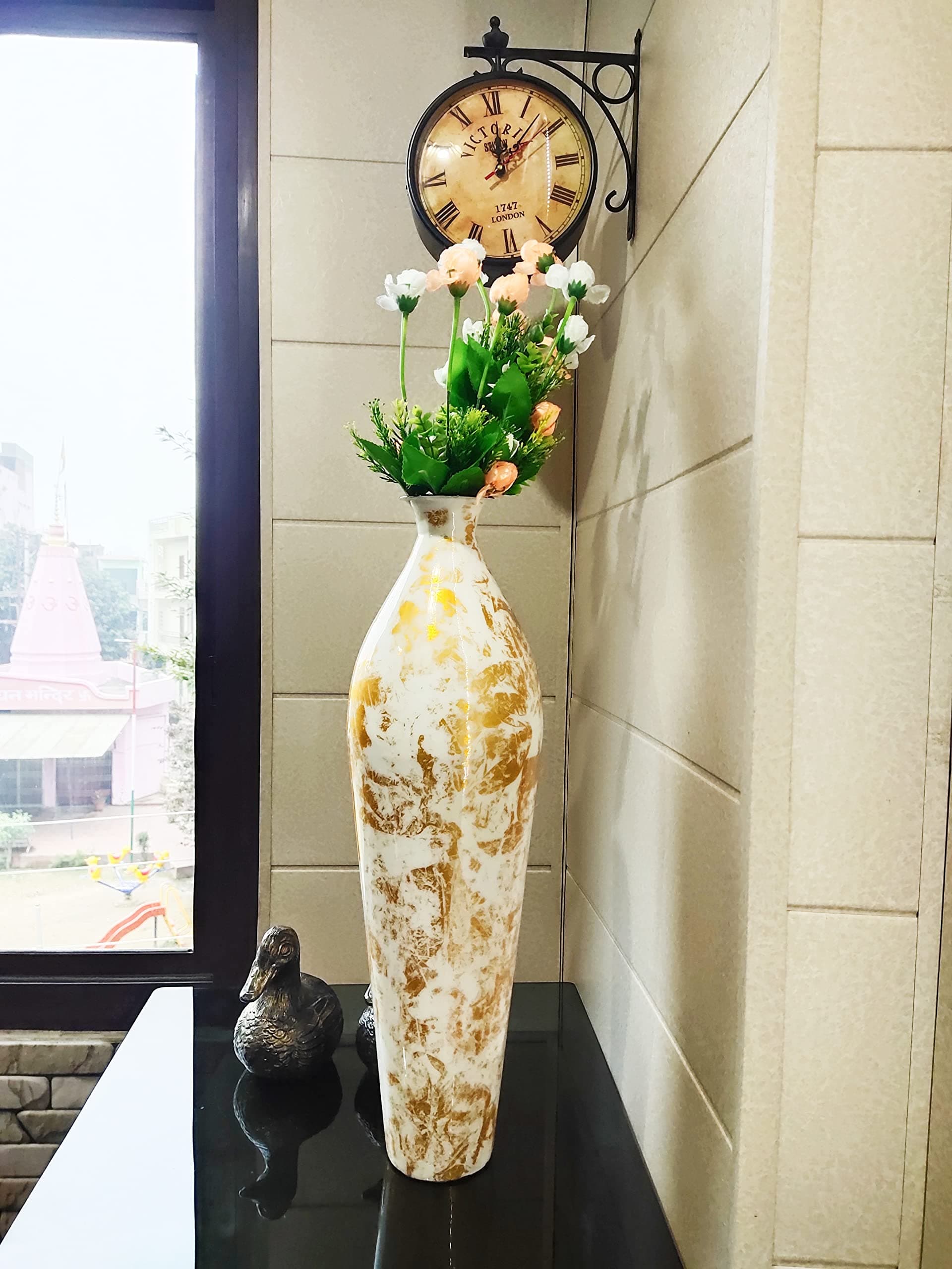 Presents Handicrafts Metal Round Shape Flower Vase Off-White-Golden Finish Metallic Large Floor Vase- 26 Inch(26 X 7 Inch,)