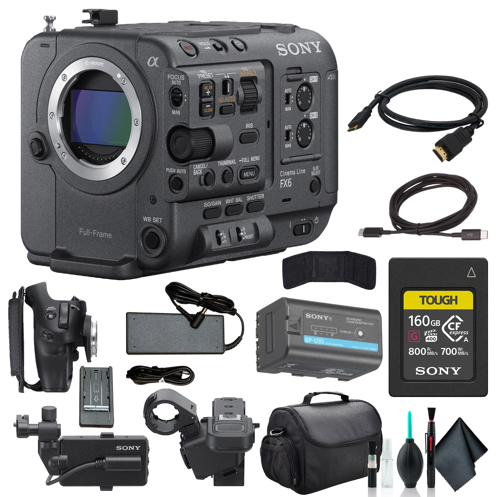 Sony FX6 Full-Frame Cinema Camera Body Only ILME-FX6V, 160GB Memory Card, Bag, Memory Card Wallet, Cleaning Kit