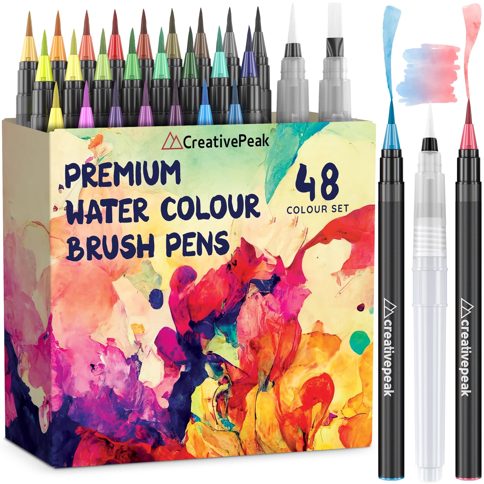 Watercolour Brush Pens - 48 Vibrant Colouring Pens & 2 Blending Brushes - Premium Quality Art Supplies Featuring Soft, Real Tip - Perfect for Calligraphy, Lettering, Adult Colouring - Creativepeak™…