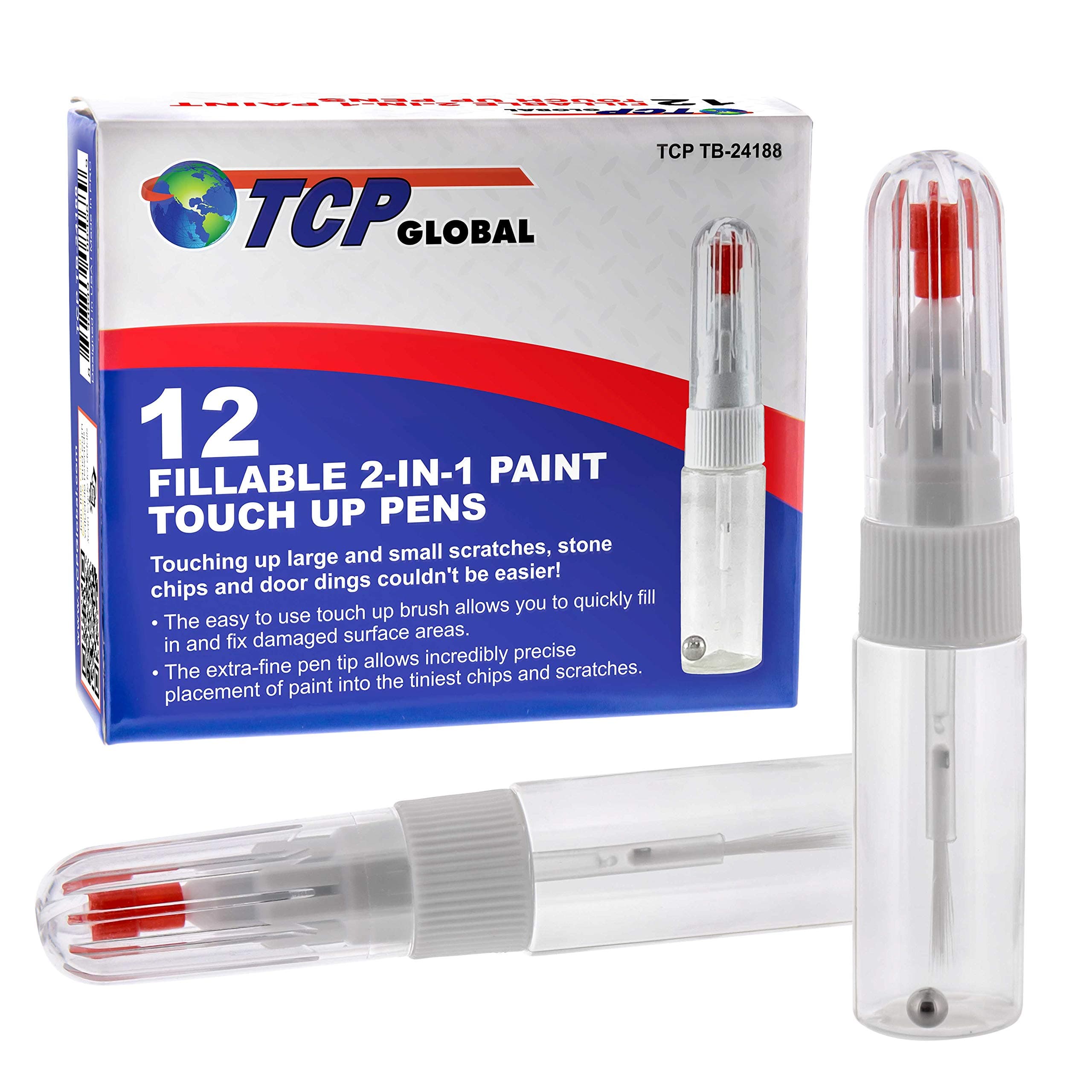 TCP GlobalFillable 2-in-1 Paint Touch-Up Applicator Pens (Box of 12) - Precision Fine Tip Writer Pen Brush - 10ml Bottle, Mixing Ball - Fix Auto Paint Chips, Scratches, Stone Chips, Car Detail Repair