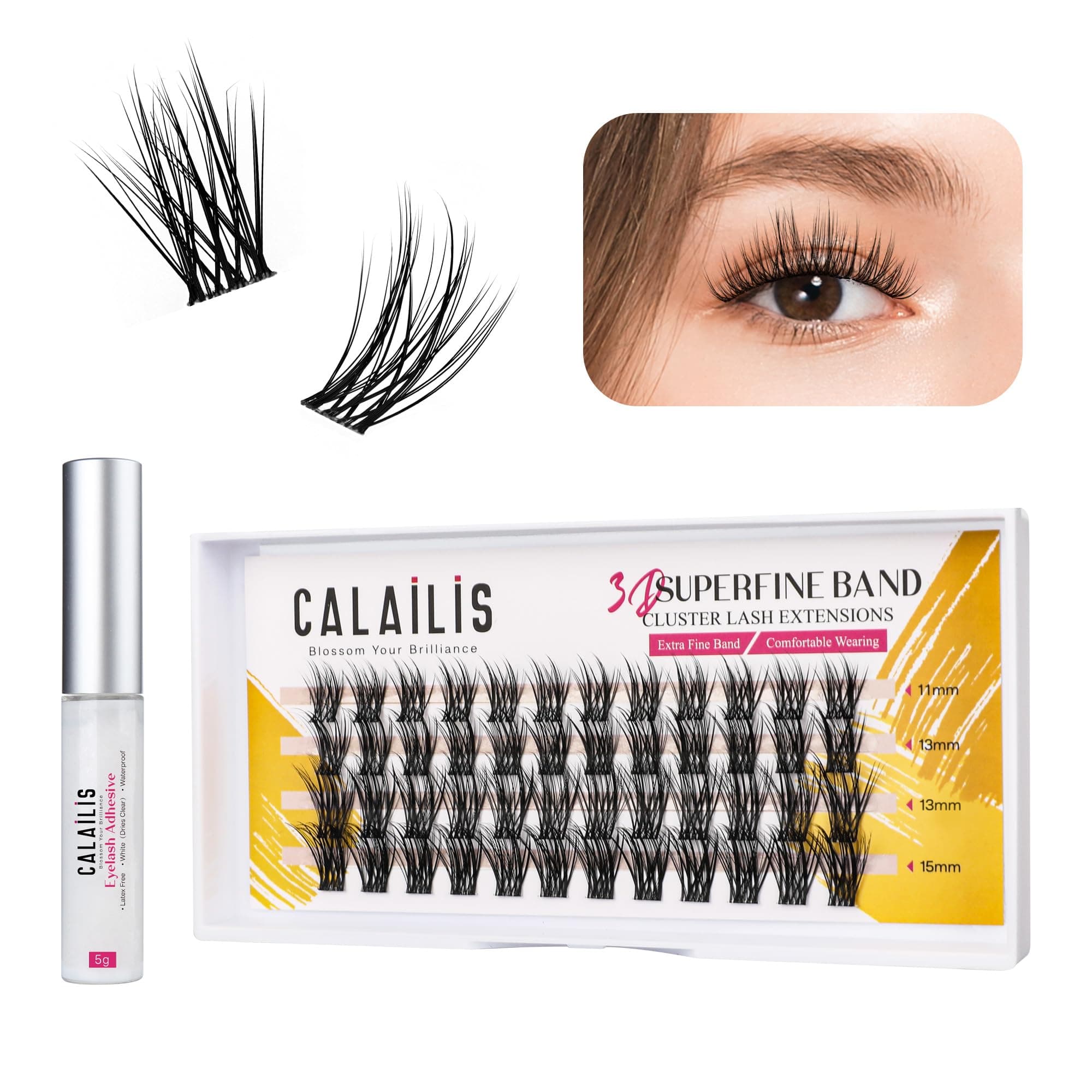 - CALAILIS Individual Lashes, DIY Eyelash Extensions, Super Thin Glue-based Band, Natural Look Reusable,11/13/13/15mm, Lasting for 48 Hours Individual DIY Eyelashes(LR01)