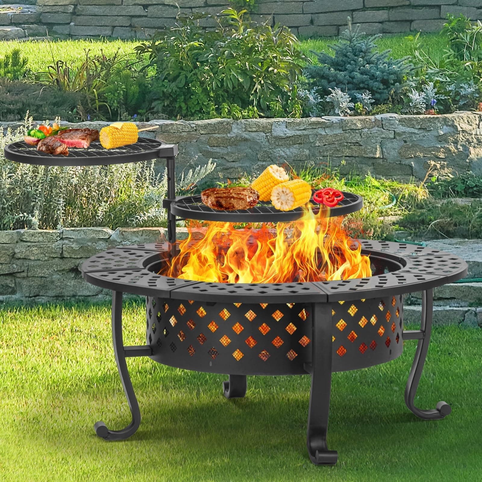 42 Inch Fire Pit with 2 BBQ Grills, Wood Burning Fire Pits for Outside with Lid & Fire Poker, BBQ& Outdoor Firepit & Round Metal Table 3 in 1 for Patio, Picnic, Party