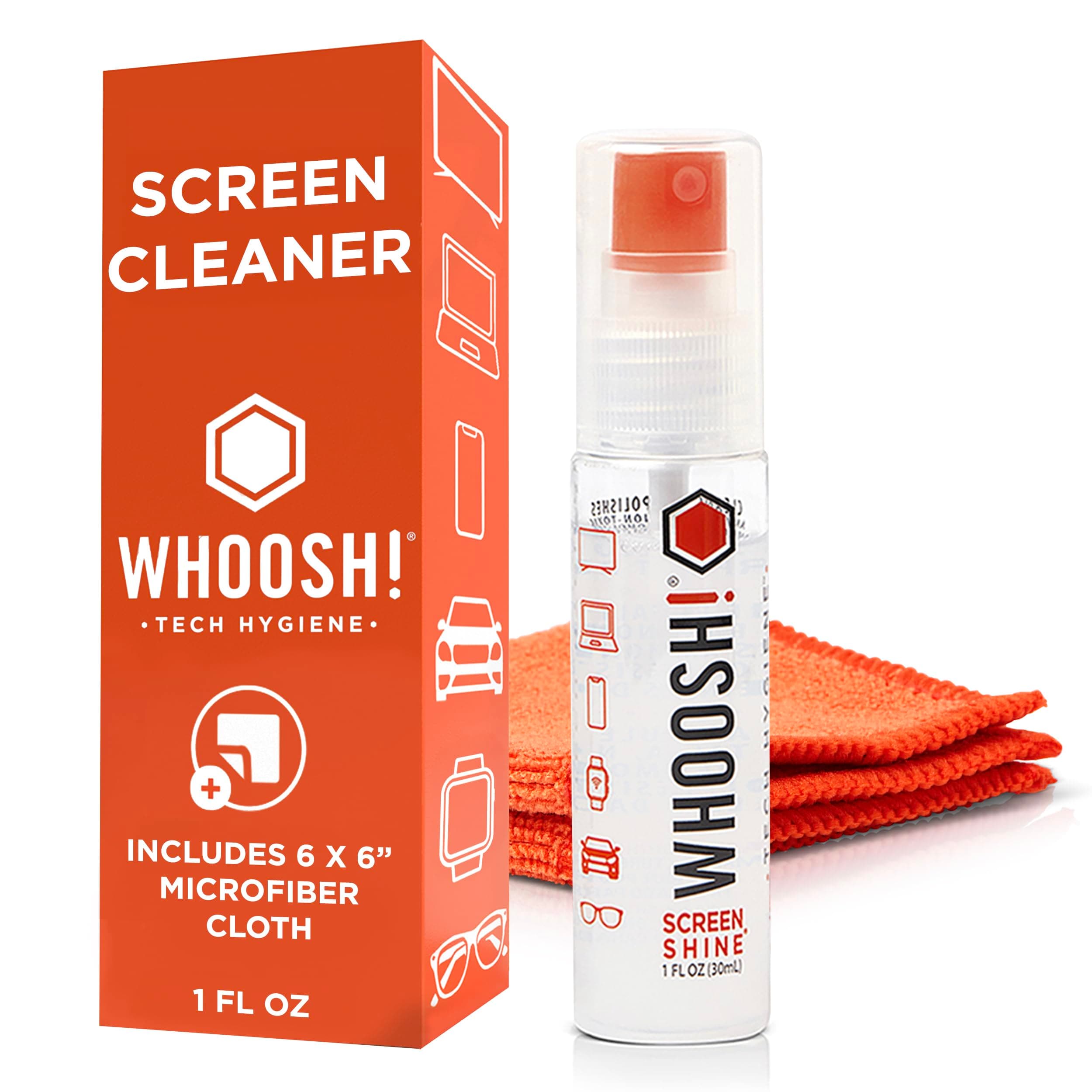 WHOOSH! Screen Cleaner Spray & Wipe - 1 Fluid Ounce + 1 Microfiber Cleaning Cloth - Travel Size Lens Cleaner for Car, Computer, Laptop, iPad, Macbook, Phone, Clock, Glasses - Electronic Cleaner Kit