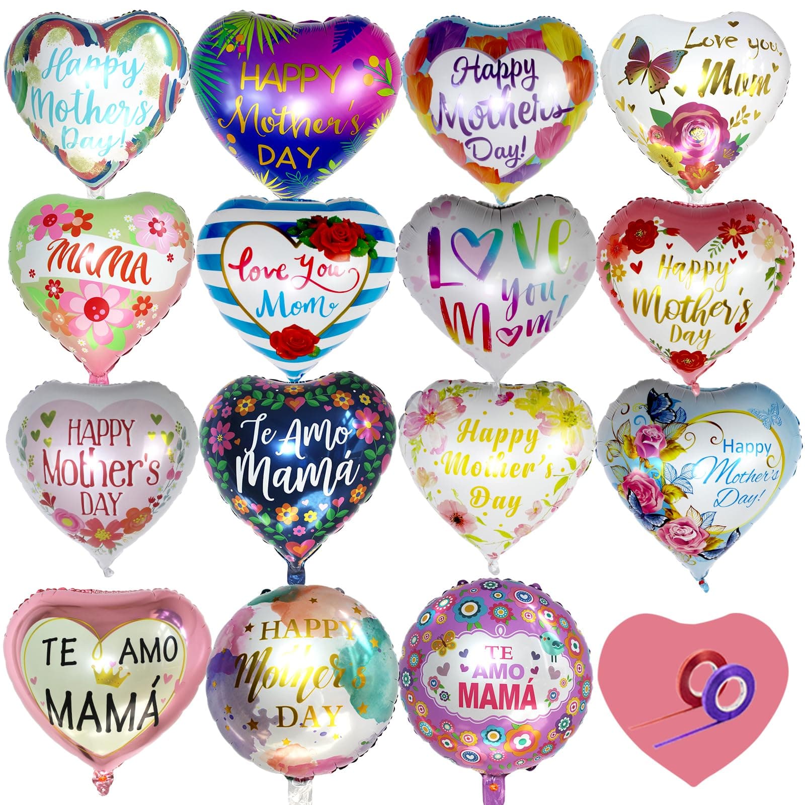 30 Pcs Happy Mother's Day Balloons Party Decorations, 18 Inch Heart Love You Mom Balloons, Colorful Mylar Foil Balloon with Ribbon for Mother Grandmother Birthday Supplies, Meaningful Mother's Day!