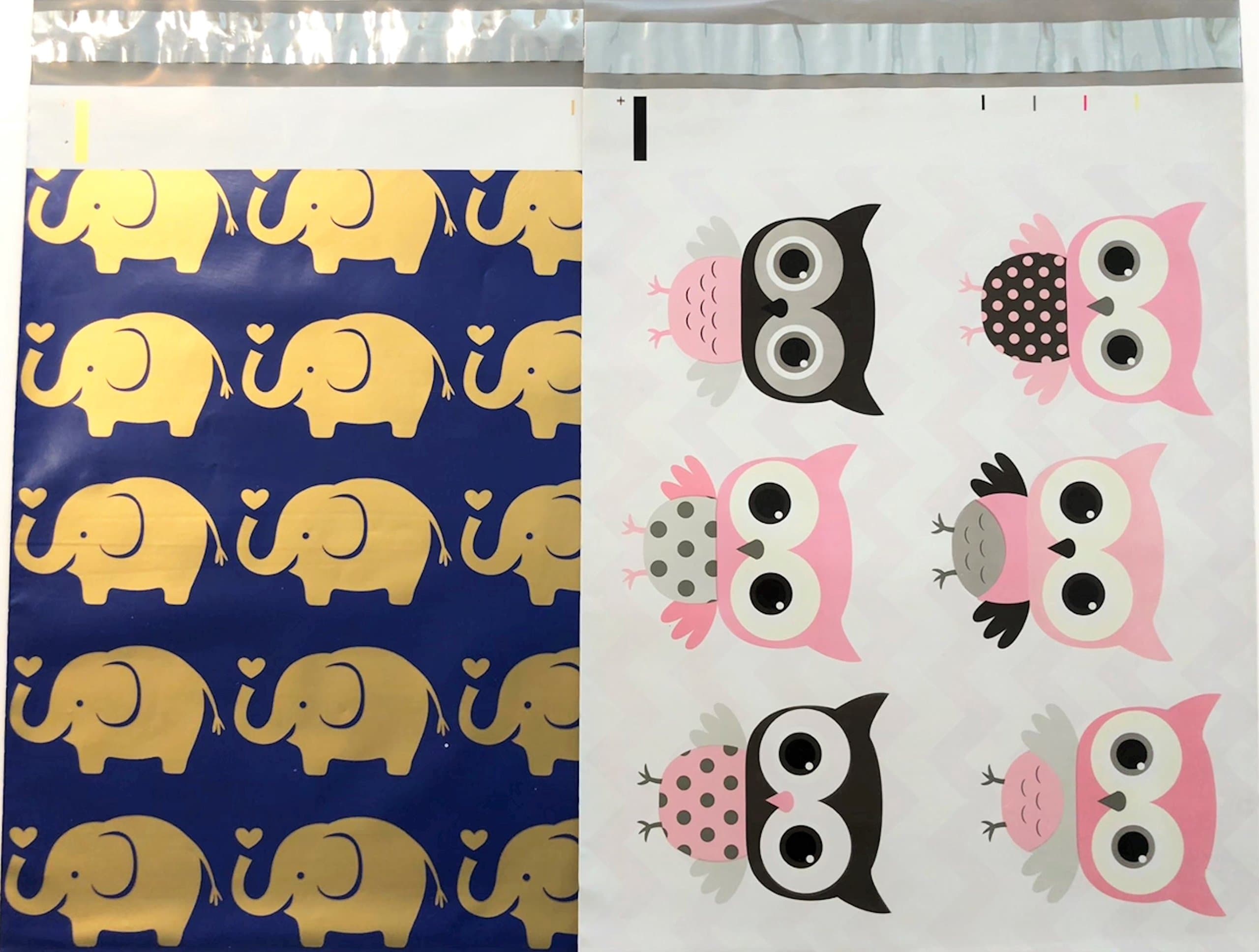 UpakNShip Sold By SackofWonders Designer Poly Mailers 10x13 : Gold Blue Elephant and Pink Owl Combo; Printed Self Sealing Shipping Poly Envelopes Bag (30 Pcs Total)