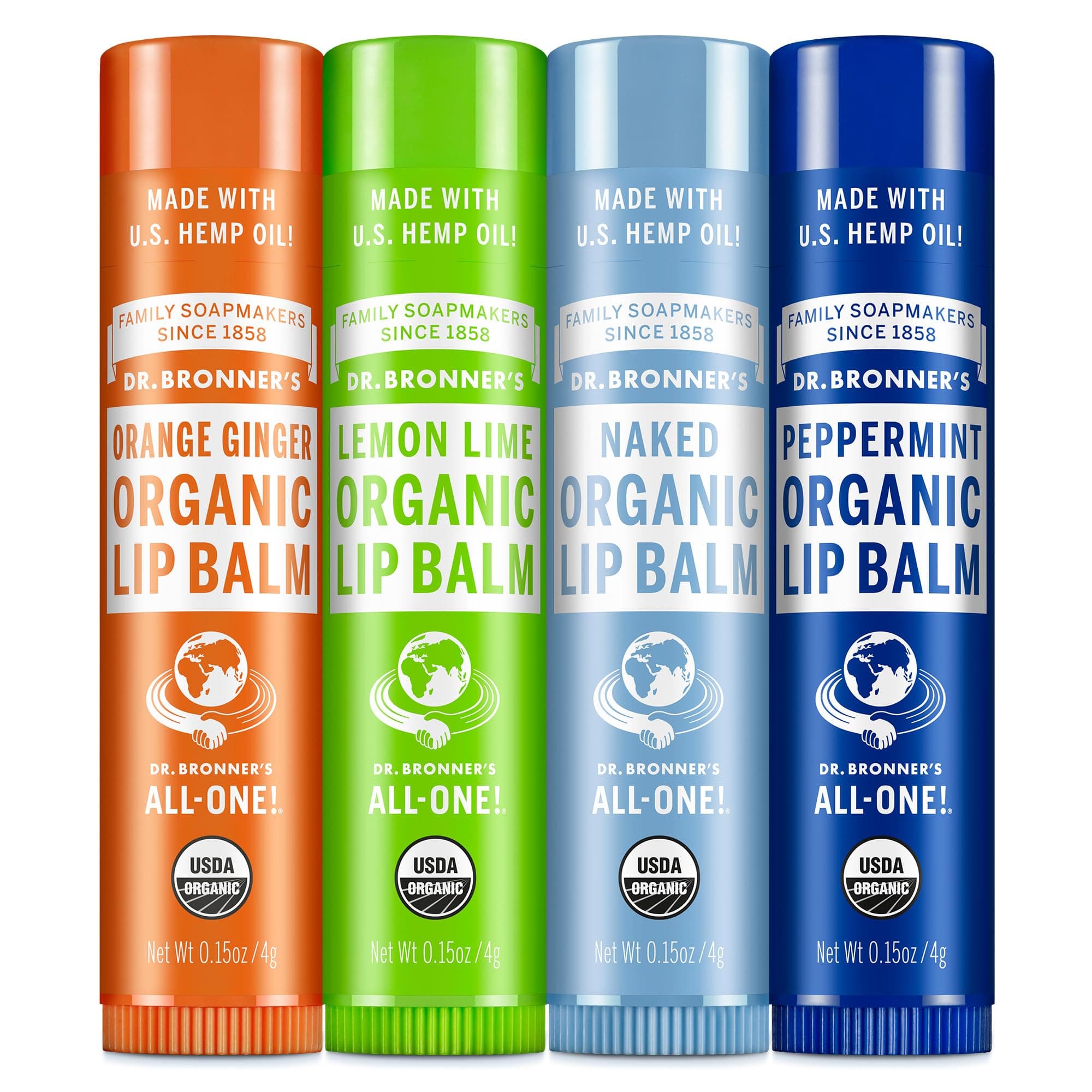 Dr. Bronner's - Organic Lip Balm Variety Peppermint, Orange Ginger, Naked, Lemon Lime) - Made with Organic Beeswax and Avocado Oil, For Dry Lips, Hands, Chin or Cheeks, 0.15 Ounce (Pack of 4)