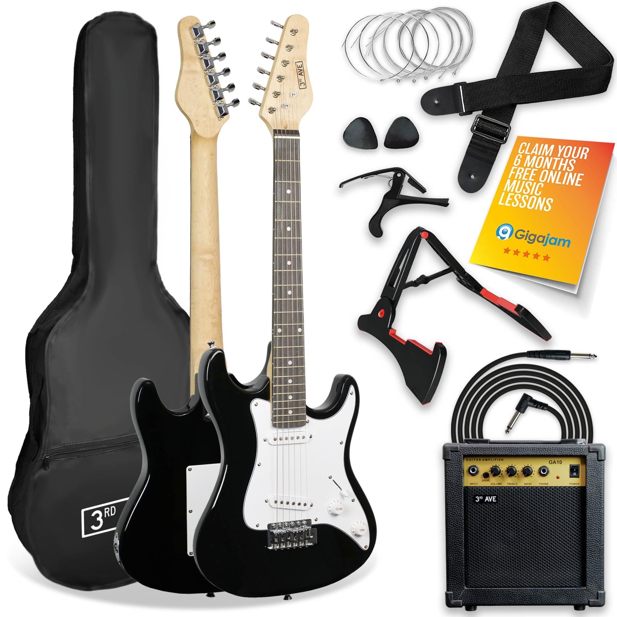 3rd Avenue XF 3/4 Size Electric Guitar Ultimate Kit with 10W Amp, Cable, Stand, Gig Bag, Strap, Spare Strings, Picks, Capo – Black