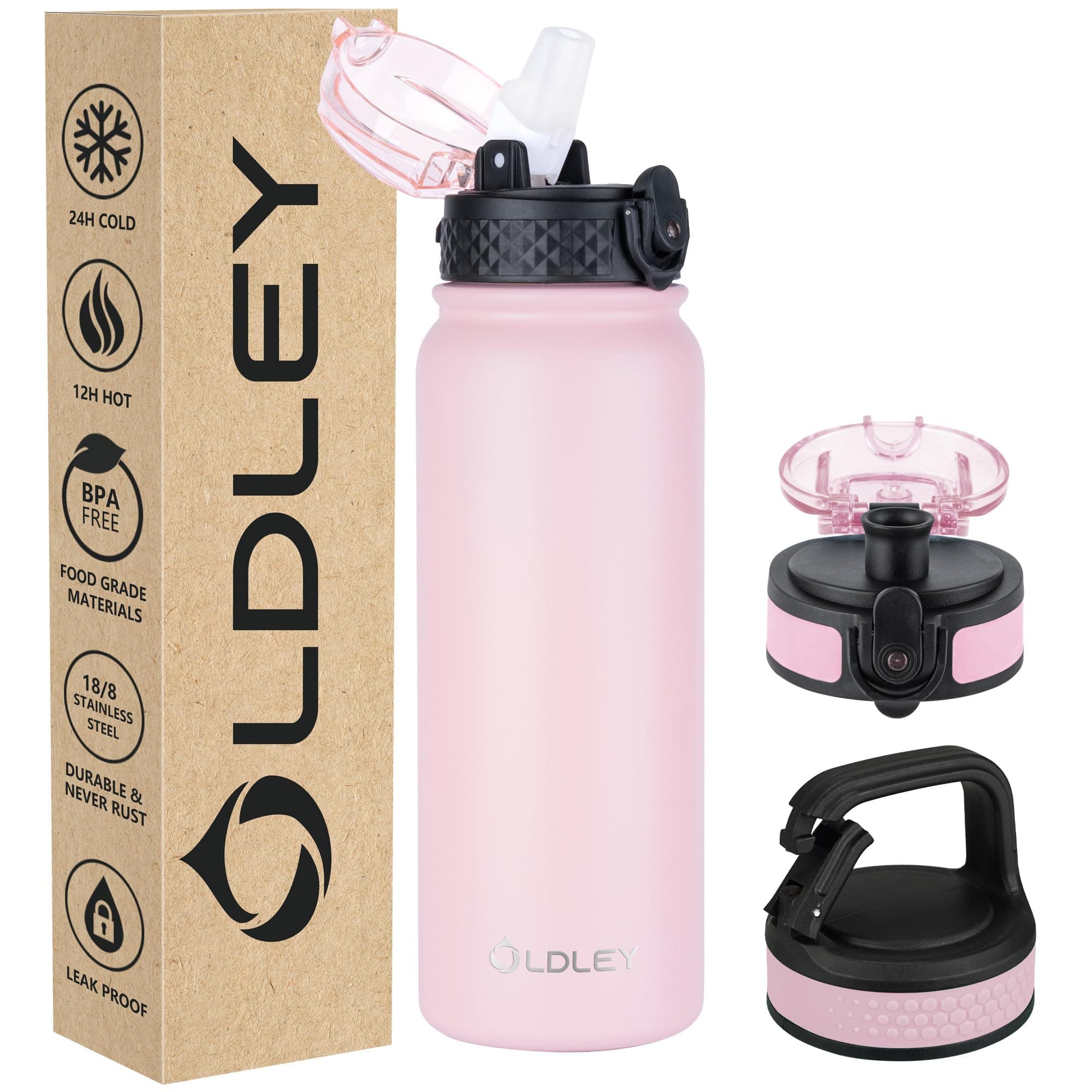 Oldley Insulated Water Bottle 20oz Water Bottles with Straw, Stainless Steel Water Bottle with 3 Lids, Double Wall Vacuum Bottles for Adult Kids, Sports Bottles for School Travel, Pink