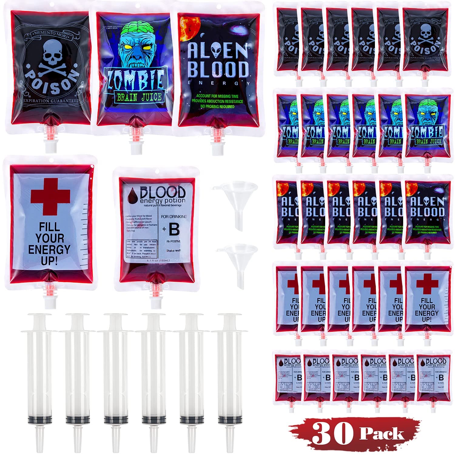 AOSTAR Halloween Blood Bags Party Supplies - 30 Halloween Drink Pouches + 6 Syringes + 2 Funnels Halloween Party Favors, Reusable Halloween Blood Bags Drink Bag for Vampire Zombie Costumes