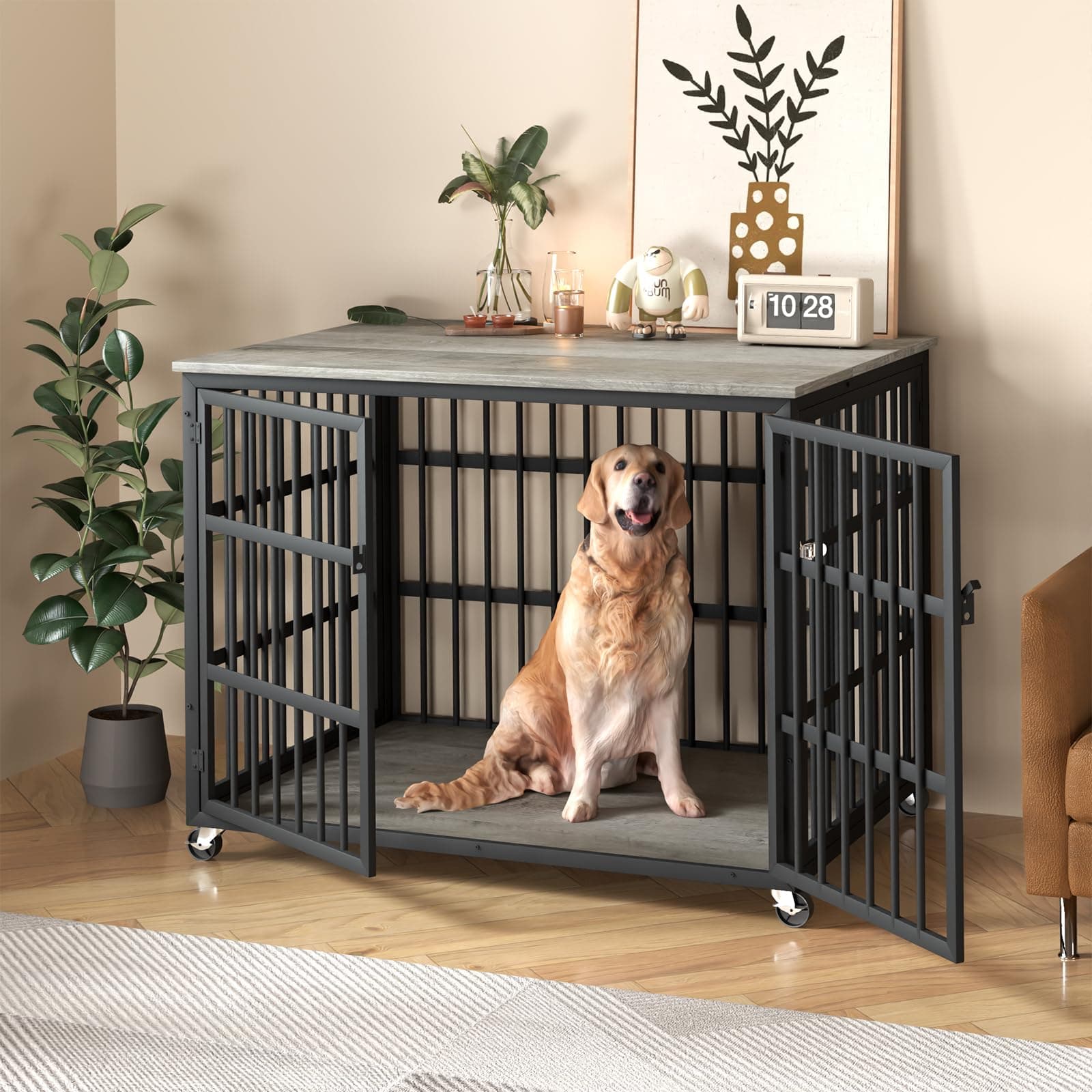 Rovibek Dog Crates for Large Dogs, Dog Crate Furniture, Extra Large Up to 70 Lbs, 43.3", Heavy Duty Dog Crate, 2 Doors with Side Openings, 4 Wheels, Dog Kennel Indoor, Grey