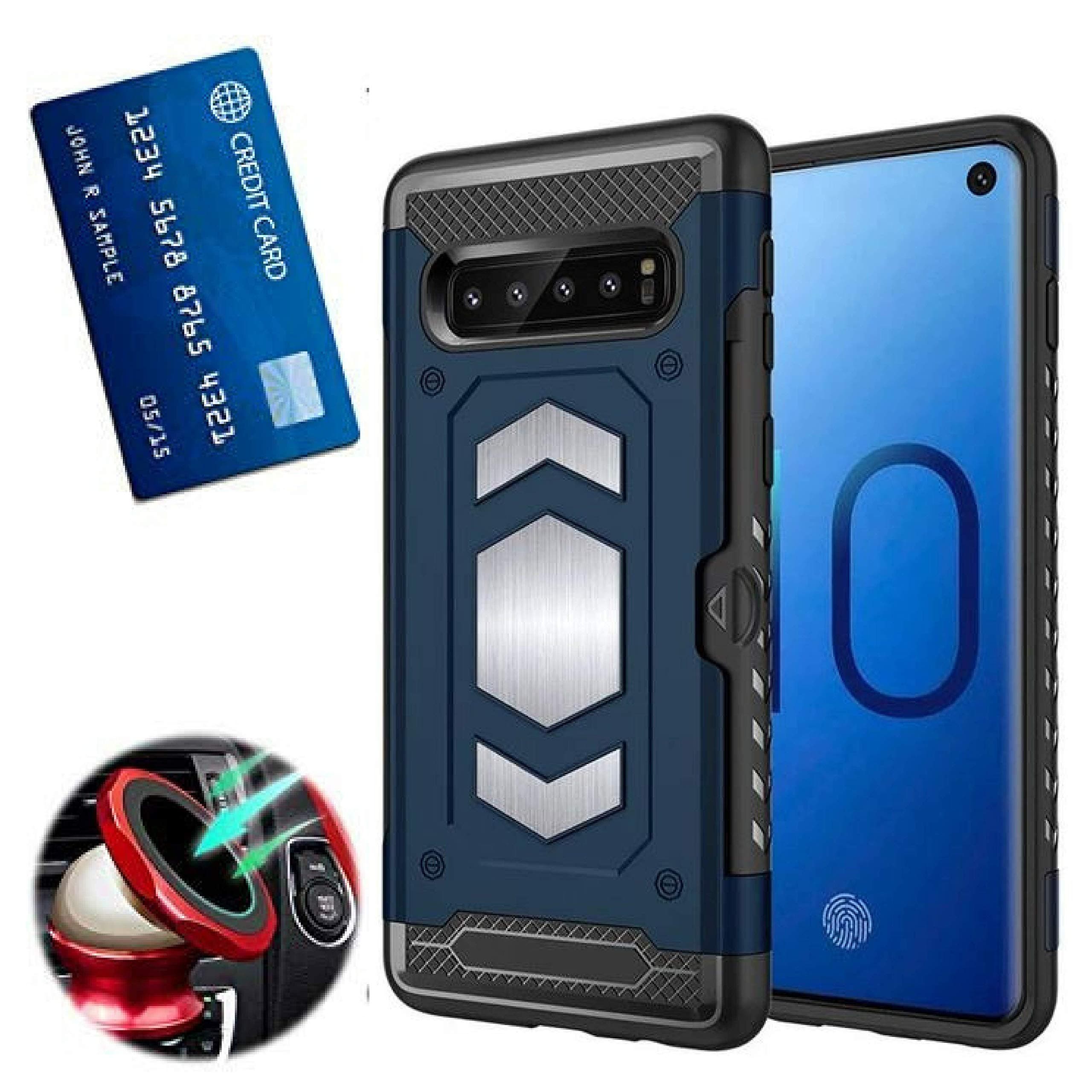 S10 Case with Card Holder : S 10 Phone Cases with Metal Back for Magnetic car Mount : Samsung Galaxy S10 case with Card Holder Slot Wallet Full Protection, Armor (Blue, S10)