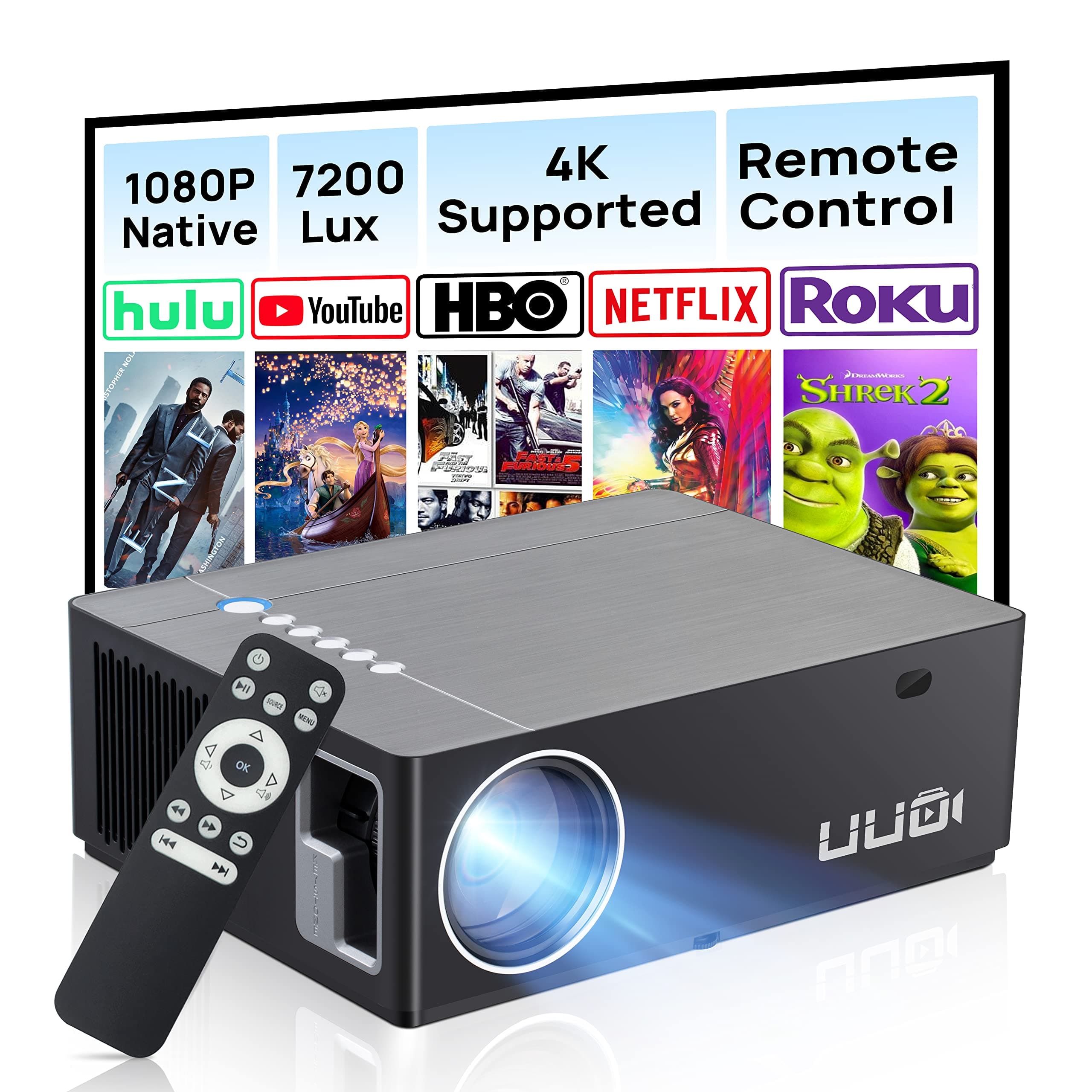 4K Projector,Native 1080P Projector for Outdoor Home,Movie Projector Support 4K HD Video ±50° Digital Keystone & 300’’ Projection Area,Compatible with TV Stick,Laptop,PS5,X-Box,iOS Android