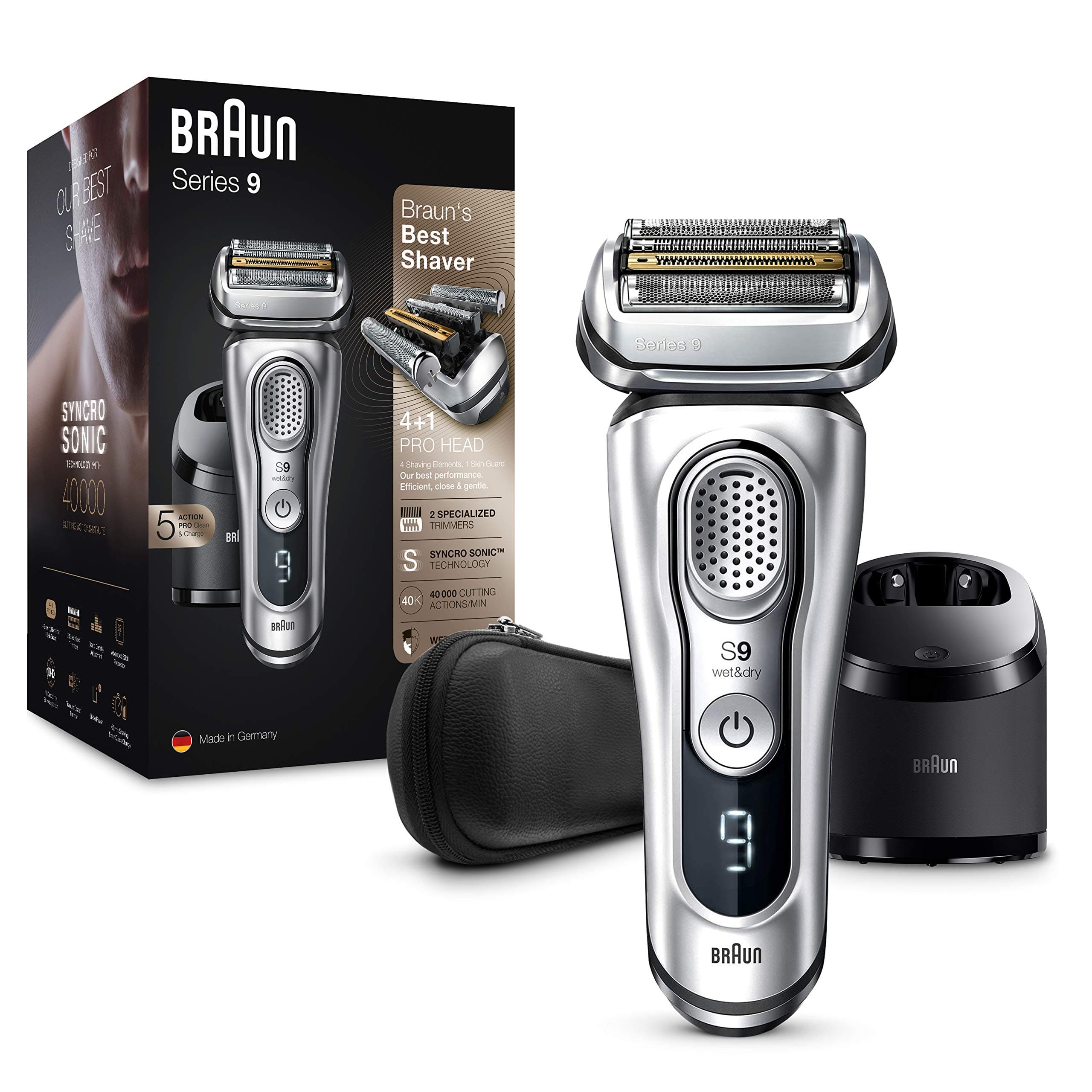 Braun Series 9 Electric Shaver With Clean & Charge Station & Leather Case, Flawless Shave, 100% Waterproof, 2 Pin Bathroom Plug, 9390cc, Silver Razor