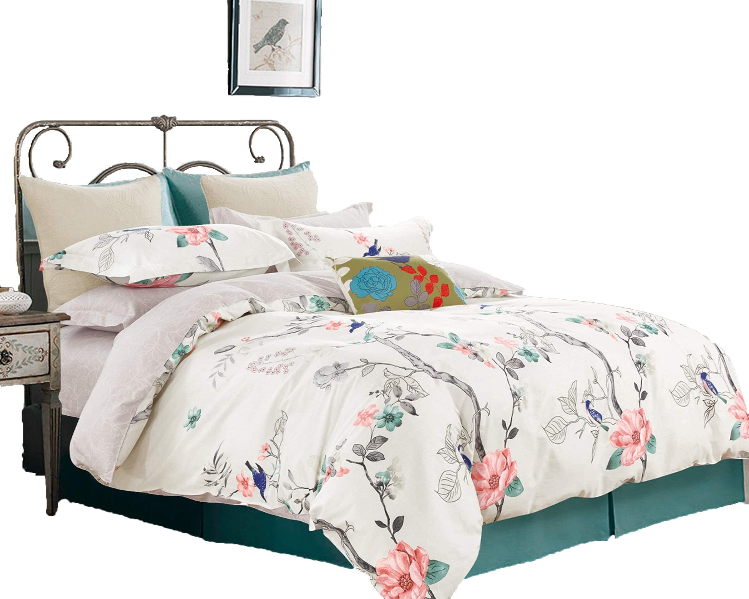 Swanson Beddings Oriental Style Reversible Floral Print 3-Piece 100% Cotton Bedding Set: Duvet Cover and Two Pillow Shams (Queen)