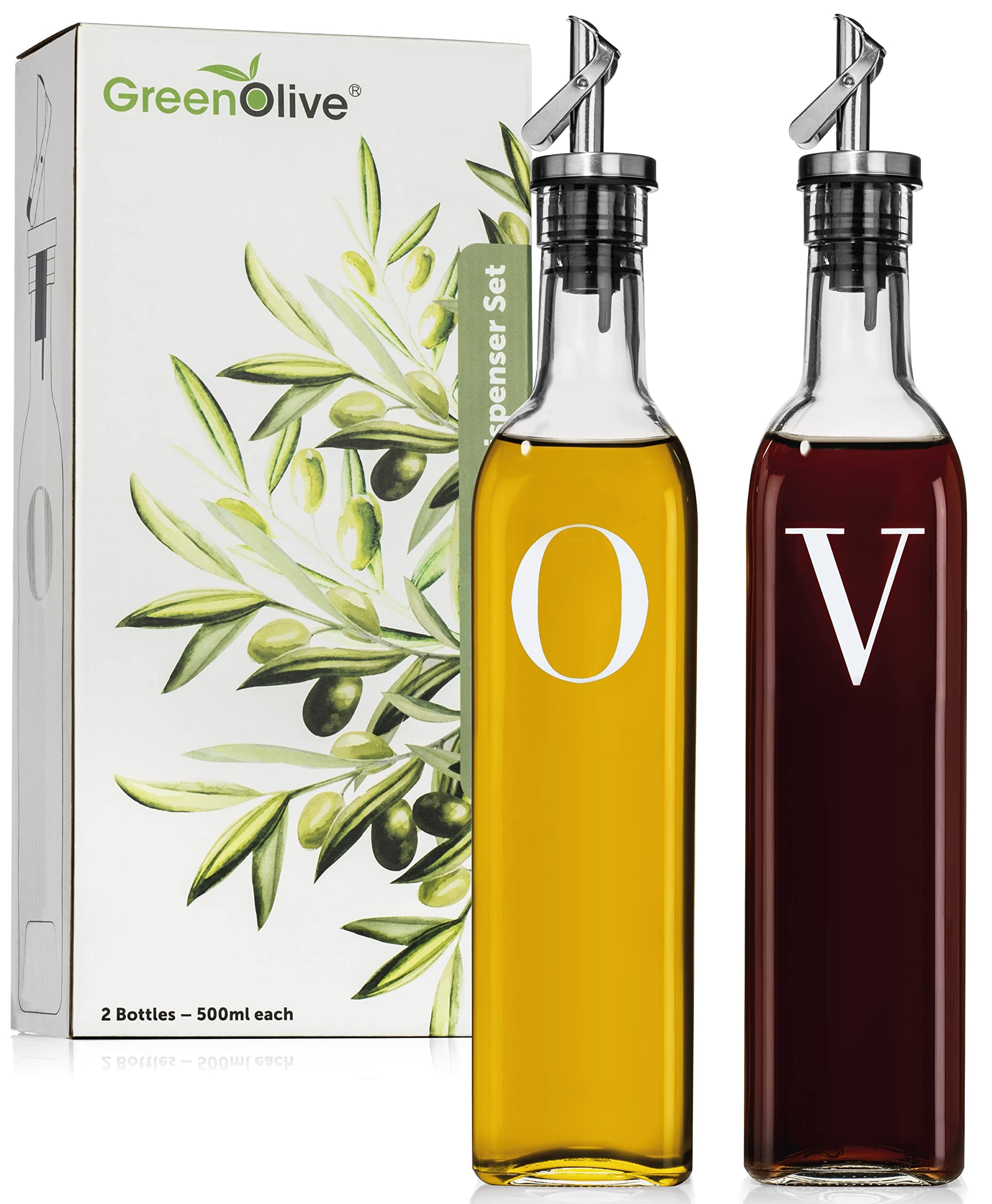 Professional Glass Oil and Vinegar Dispenser Set - Olive Oil Bottle with Pourer Caps, Ideal for Kitchen Use - Oil Dispenser Bottle Set (O & V Letters)
