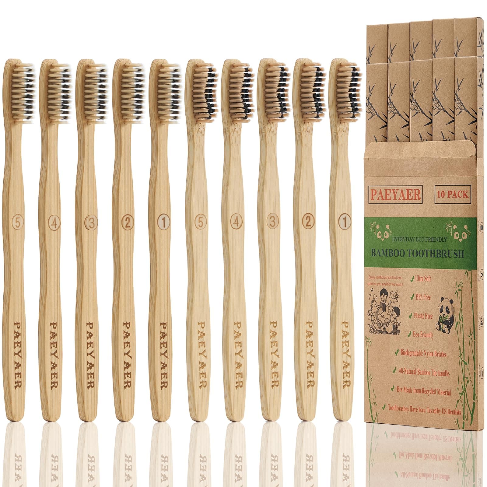 10 Count Bamboo Toothbrush (Soft+Medium) Charcoal Toothbrushes, Natural Wood Toothbrush, Reusable Travel Toothbrushes