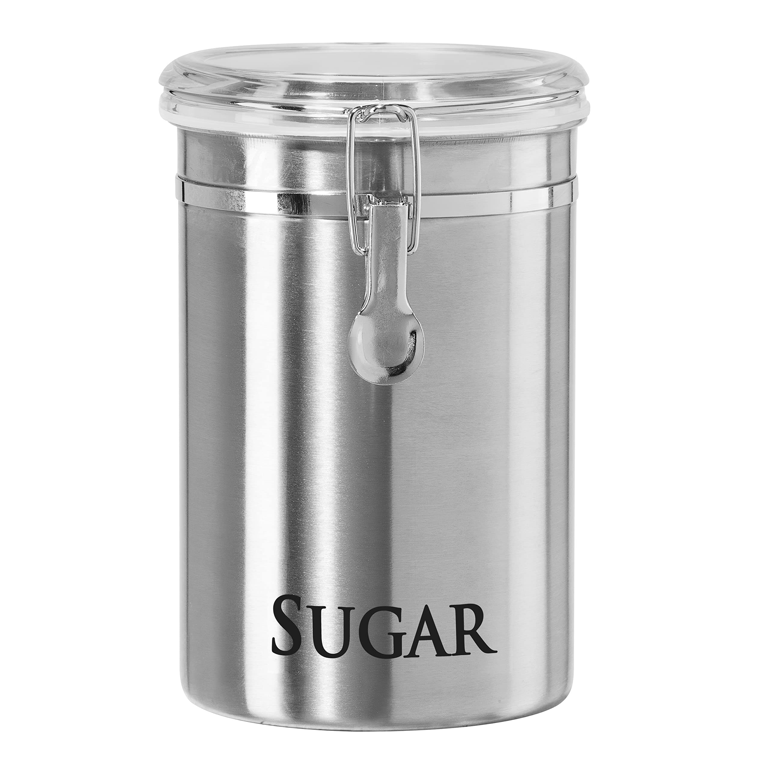 Oggi Stainless Steel Sugar Canister 62 fl oz - Airtight Clamp Lid, Clear See-Thru Top - Ideal Sugar Container for Countertop, Sugar Jar, Bulk Sugar Storage. Large Size 5" x 7.5".