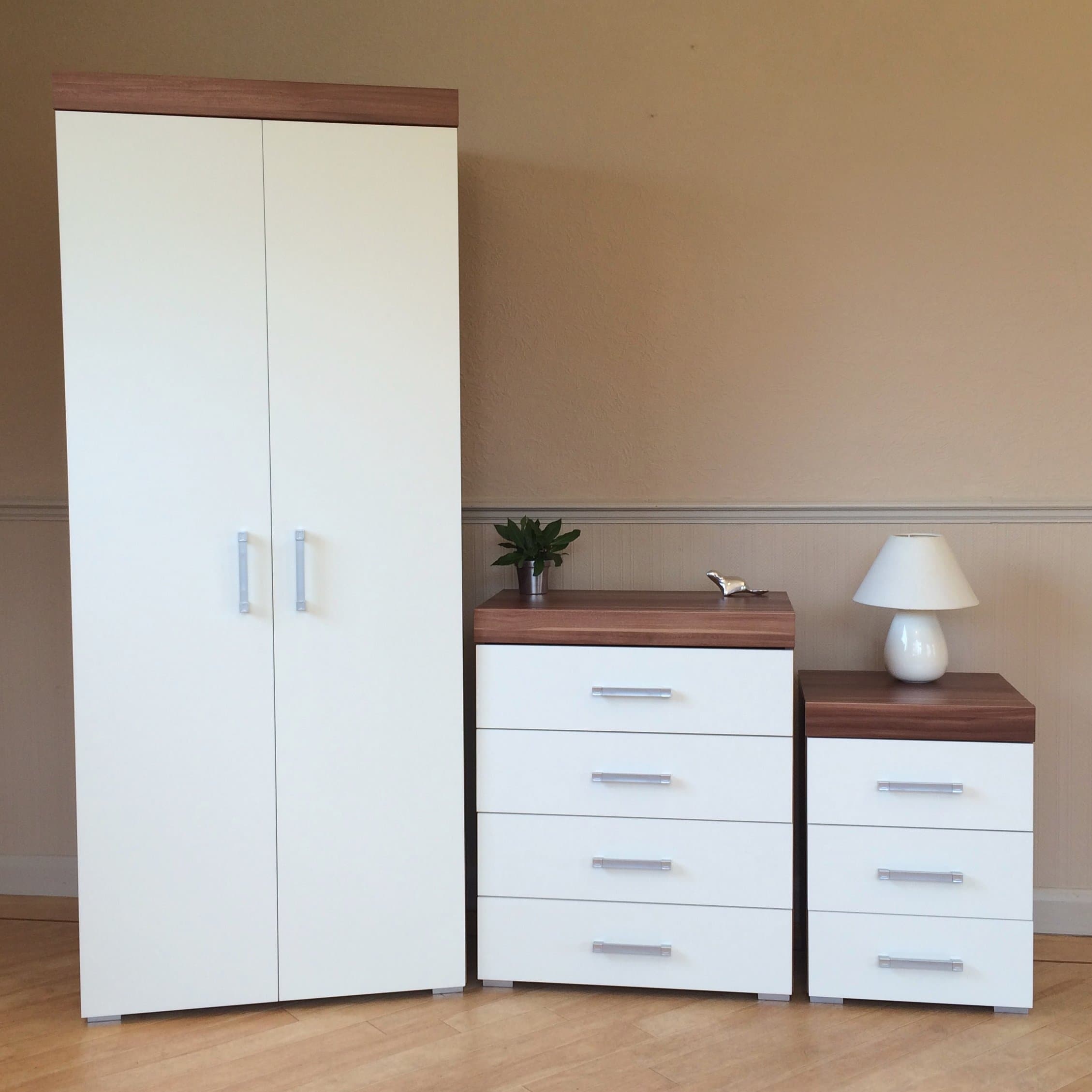 DRP Trading White & Walnut Bedroom Furniture Set - Wardrobe, 4 Drawer Chest & 3 Draw Bedside Cabinet