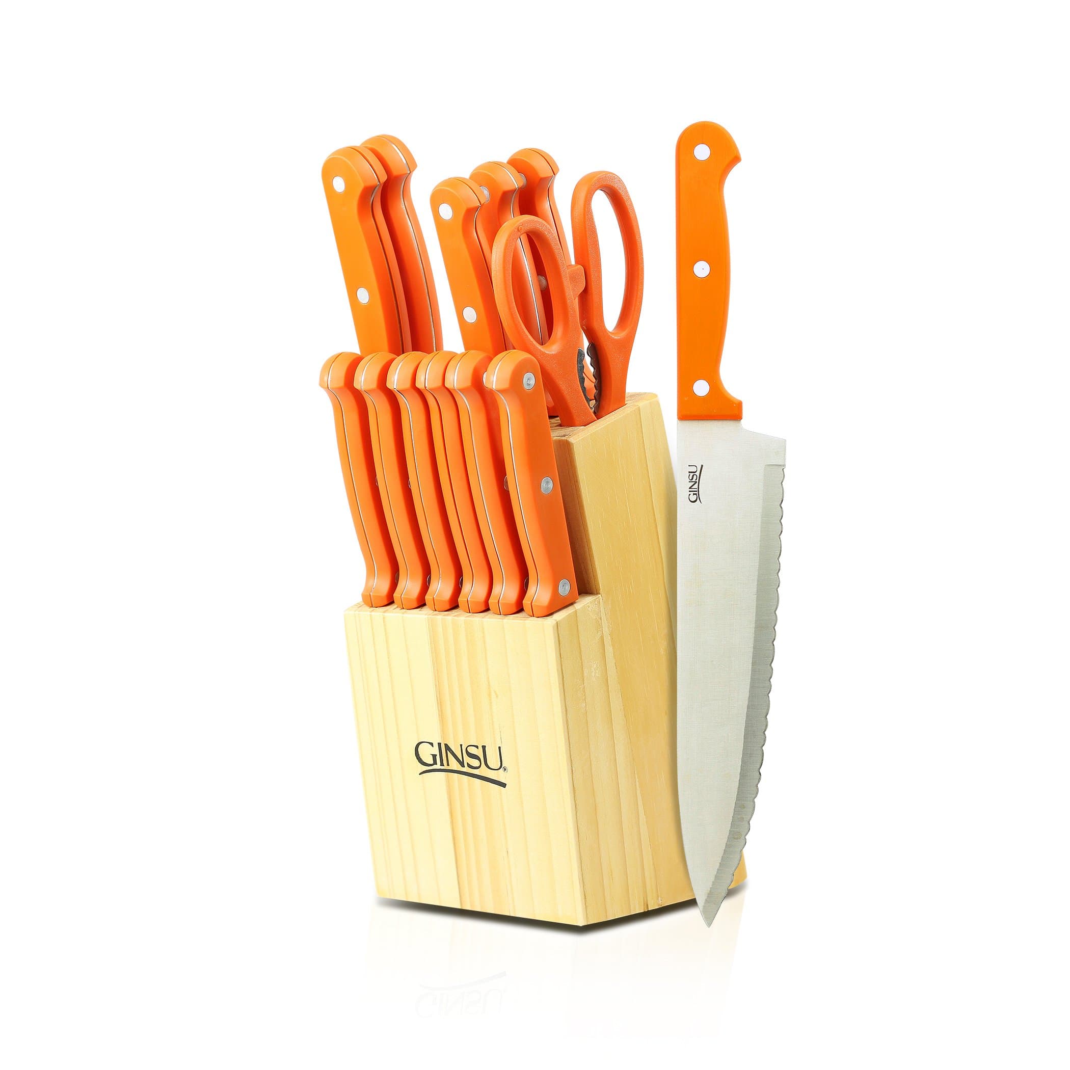 Ginsu Essential Series 14-Piece Stainless Steel Serrated Knife Set – Cutlery Set with Orange Kitchen Knives in a Natural Block,