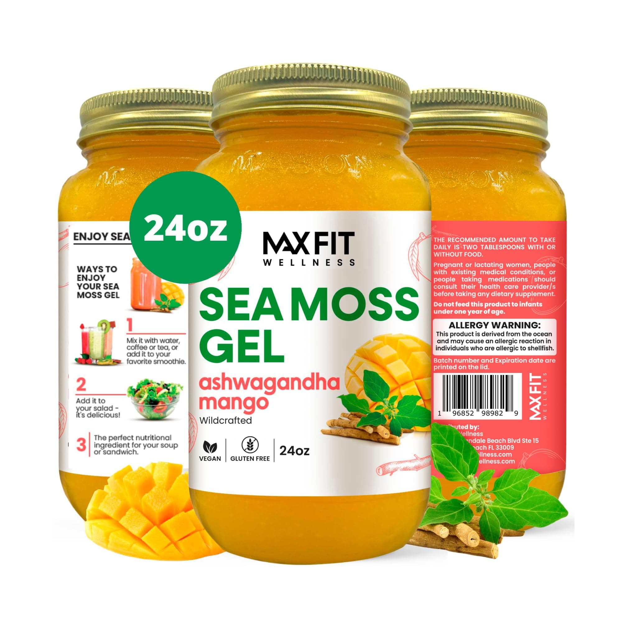 Sea Moss Gel Ashwagandha Mango (25 Flavors) 24oz Wildсrafted Gold Sea Moss Gel from Saint Lucia | 92 Vitamins and Minerals | Pure Raw+Non-GMO