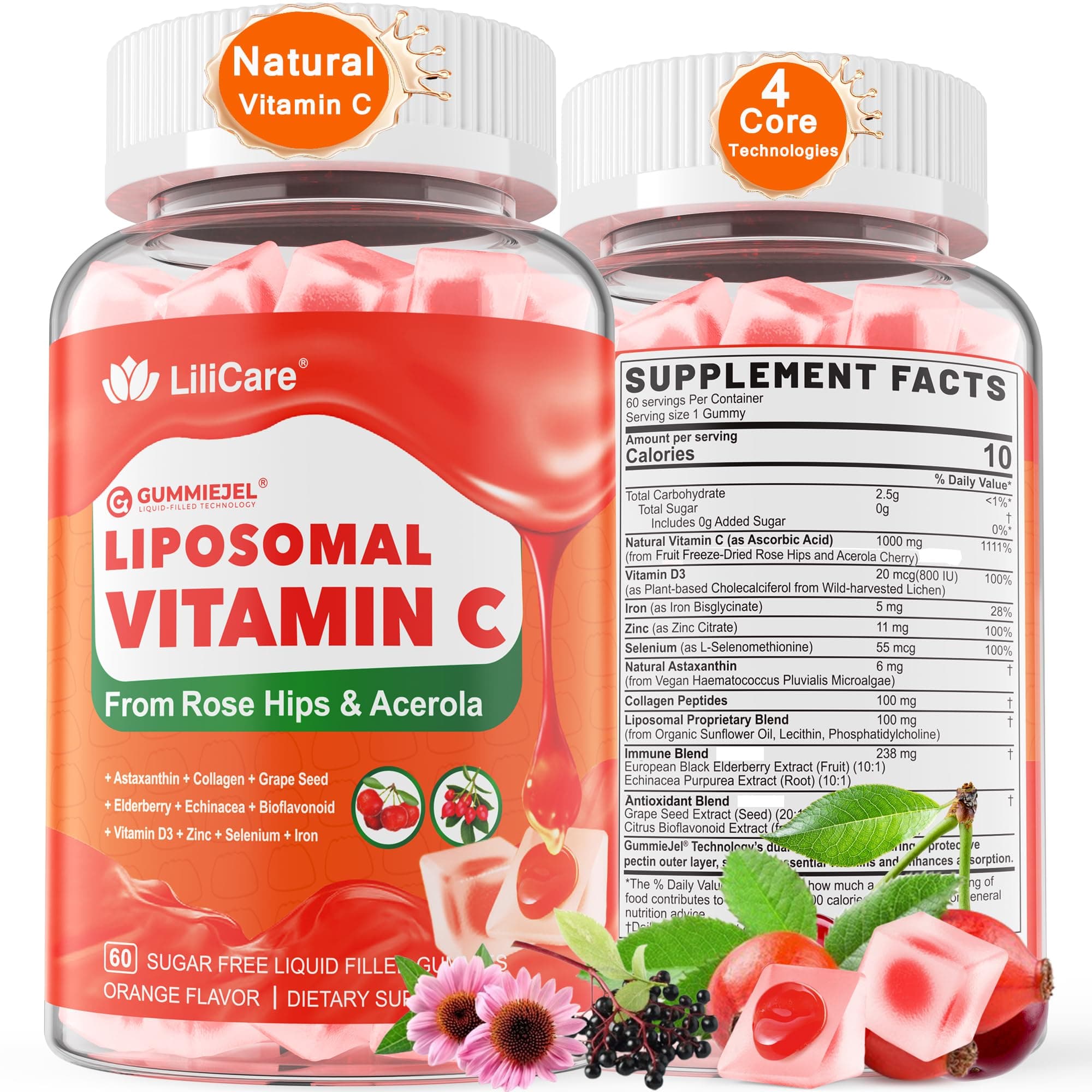 Natural Liposomal Vitamin C 1000mg Gummies for Adults Kids 9+, 1660mg Chewable Vitamin C w/ 11mg Zinc, D3, Elderberry, Echinacea, Bioflavonoid, Immune Support, Whole Food VIT C from Fruits, Sugar Free