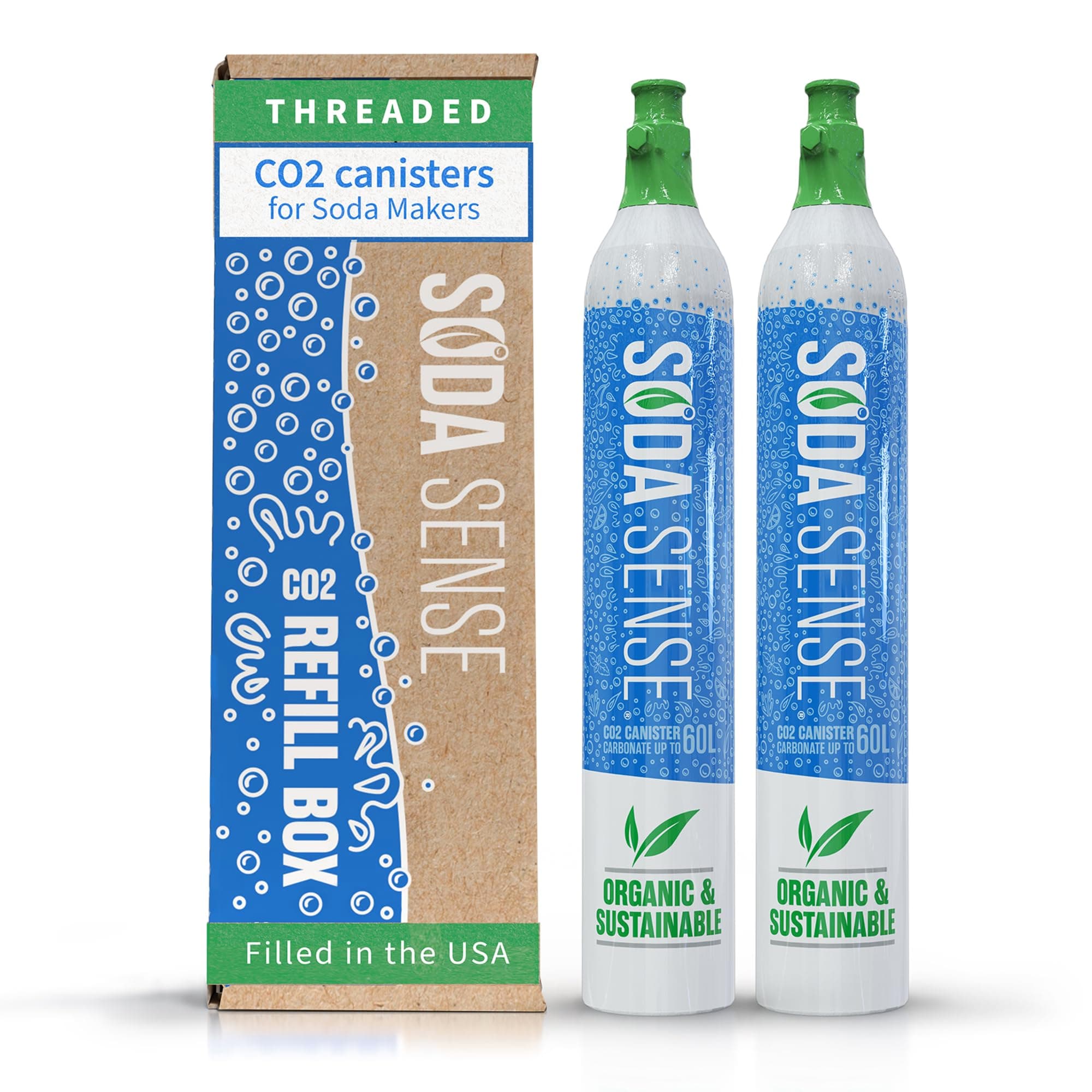 60L CO2 Exchange Canister - 2 Pack, Threaded Style - Compatible with All 'Screw-In' Soda/Sparkling Water Makers, Including SodaStream BLUE Cylinder Models, Ninja Thirsti, Philips & More