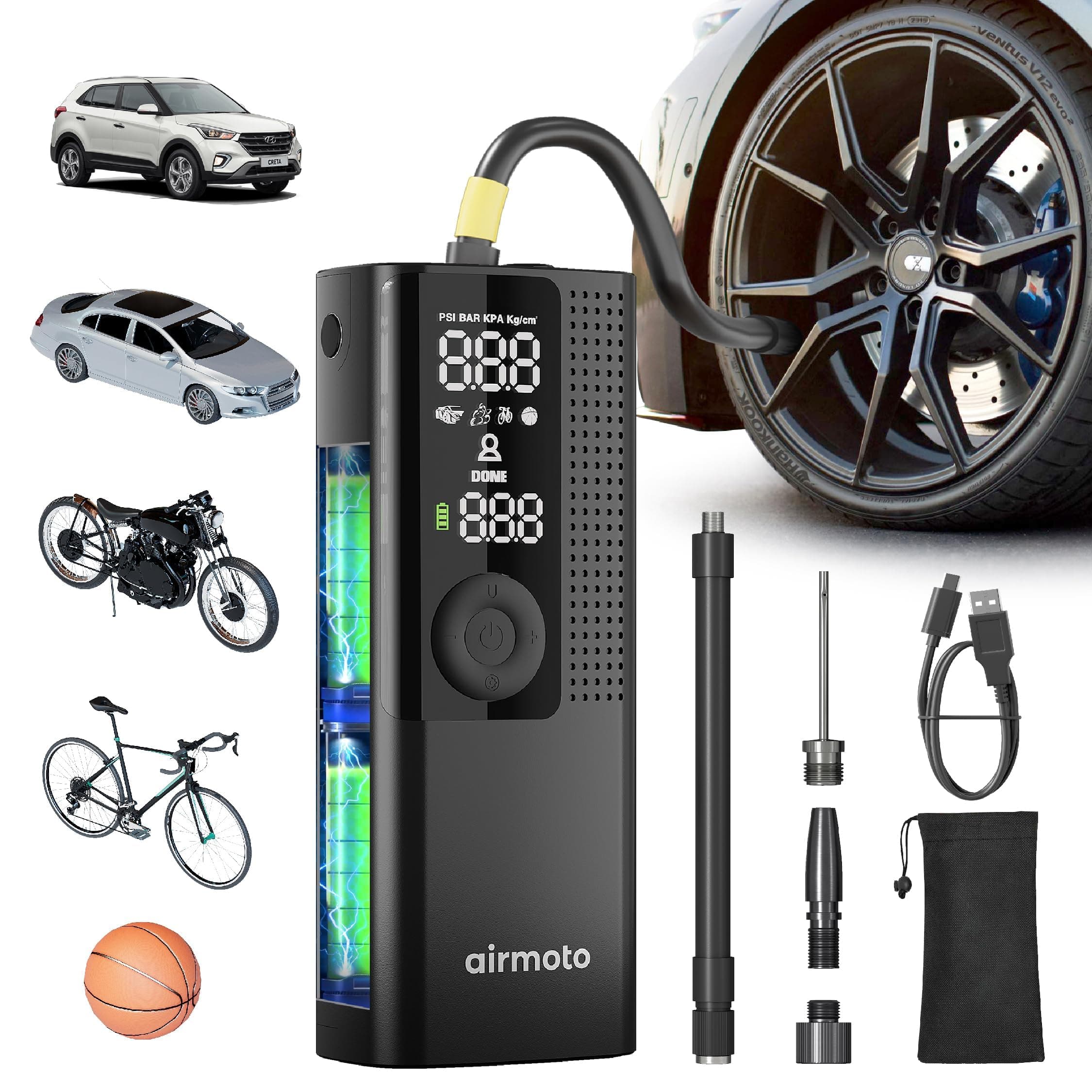 Airmoto Portable Air Compressor - Smart Pump for Car, Motorcycle, Bicycle and More - Includes Tire Pressure Gauge