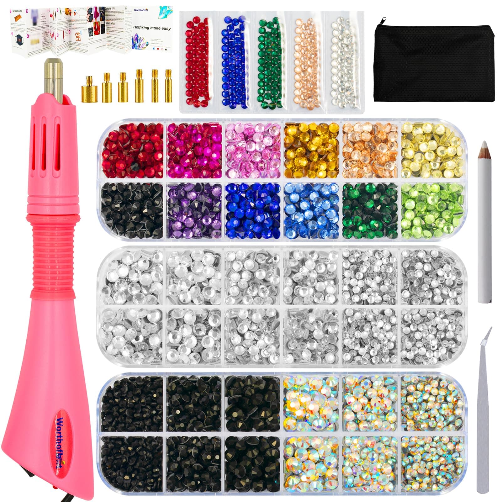 Worthofbest Bedazzler Kit with Rhinestones, Hotfix Rhinestones Applicator Tool Gun, Bedazzle Kit for Clothing, Clothes, Fabric, Wood, Leather, Paper - 5200 Pcs Hot Fix Crystals