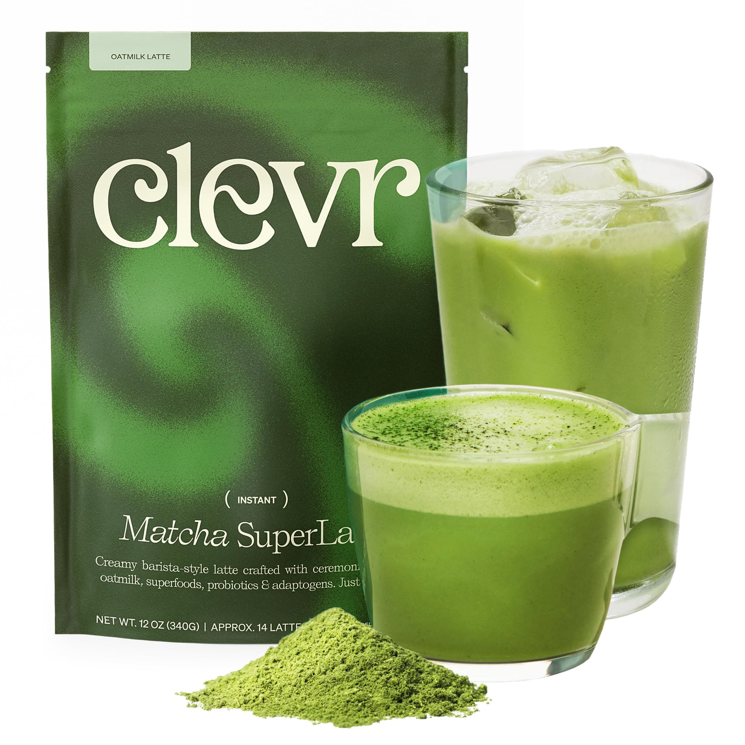 - Clevr Matcha SuperLatte, Instant Ceremonial Grade, Superfood Powder Blend with Lions Mane, Reishi Mushroom, Coconut Cream, Ashwagandha, Serve Hot or Iced, (14 Lattes)