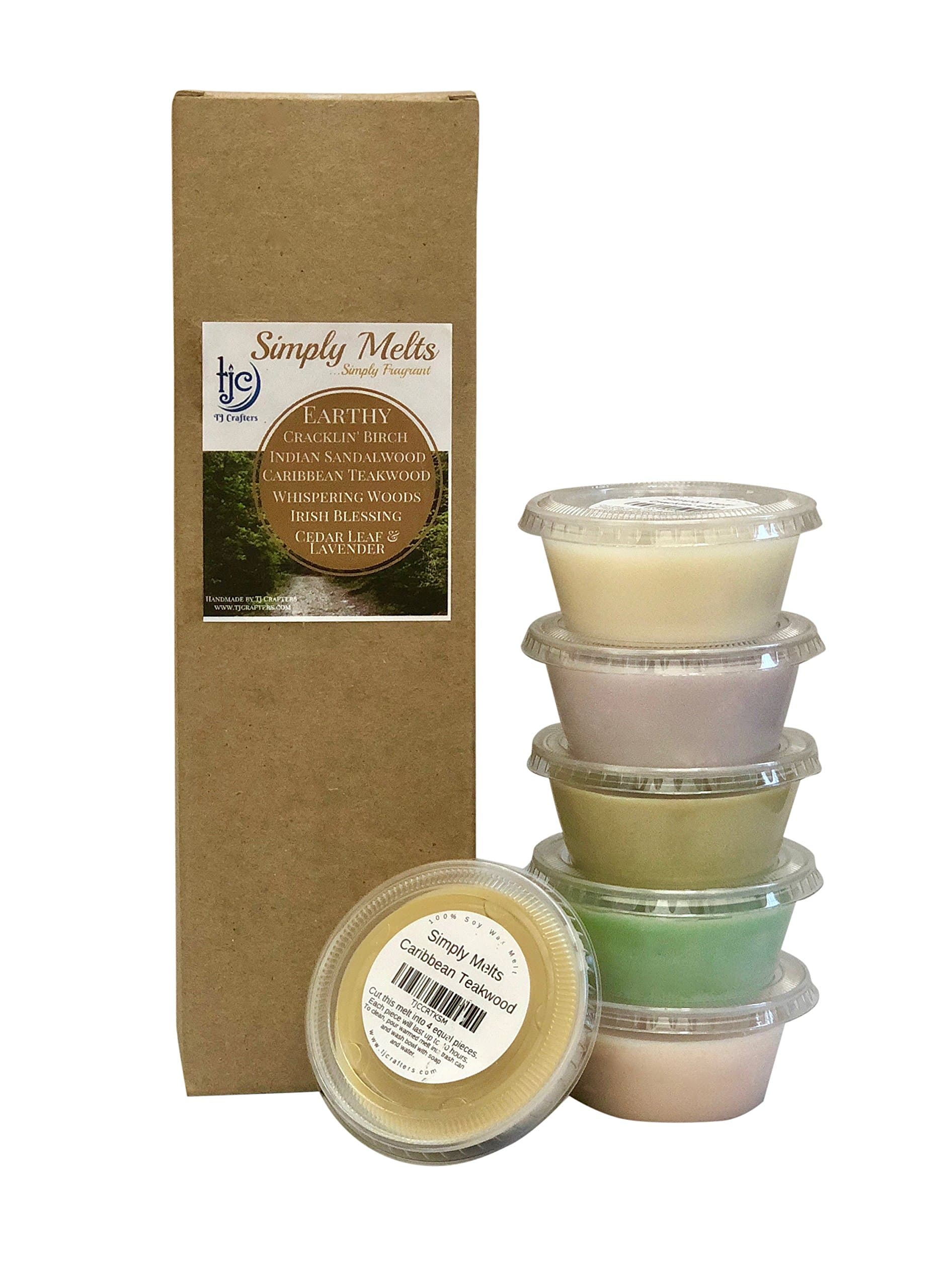 Scented Wax Melts Variety Pack - Hand Poured Natural Soy Candle Wax Melts for Warmers, 6 Resealable Cups (2.2 Ounces Each, 13.2 Ounces Total), Up to 40 Hours of Scent Throw Per Quarter Cup (Earthy)