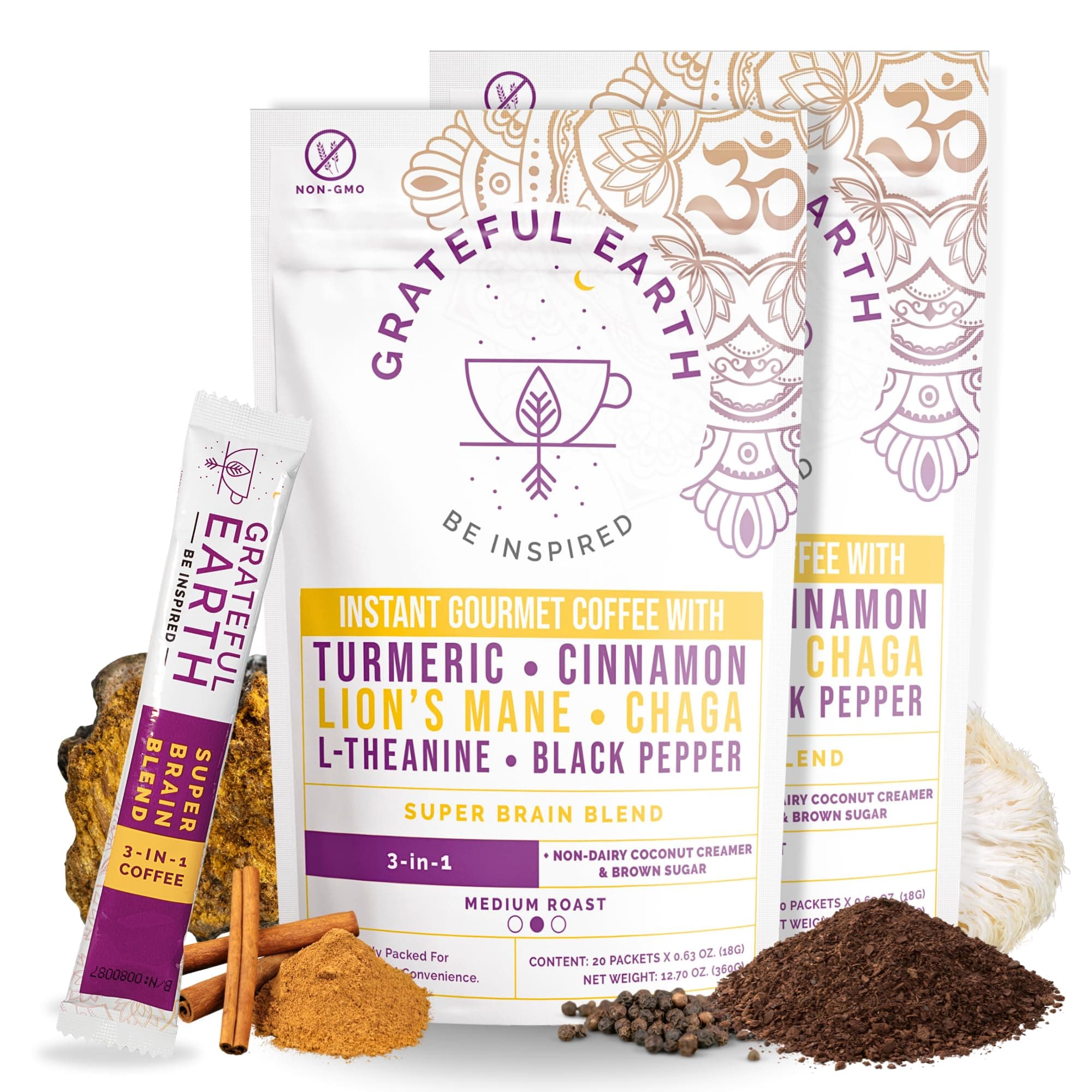 Grateful Earth Mushroom Coffee, Coconut Instant Coffee with Cinnamon, Turmeric, Lion’s Mane Mushrooms, L-Theanine, Chaga, Super Brain Blend, Energy & Immune Support, Dairy & Gluten Free, 2 Bags, 40 Ct