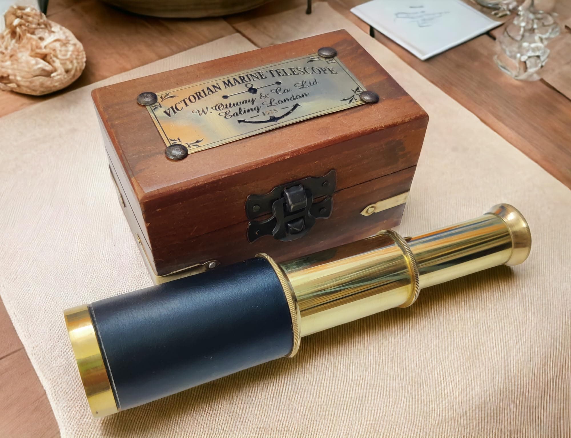 NORVILLE® 6" Brass Handheld Mini Telescope Marine Spyglass with Customized Rosewood Wooden Box Nautical Collectibles & Gift Item