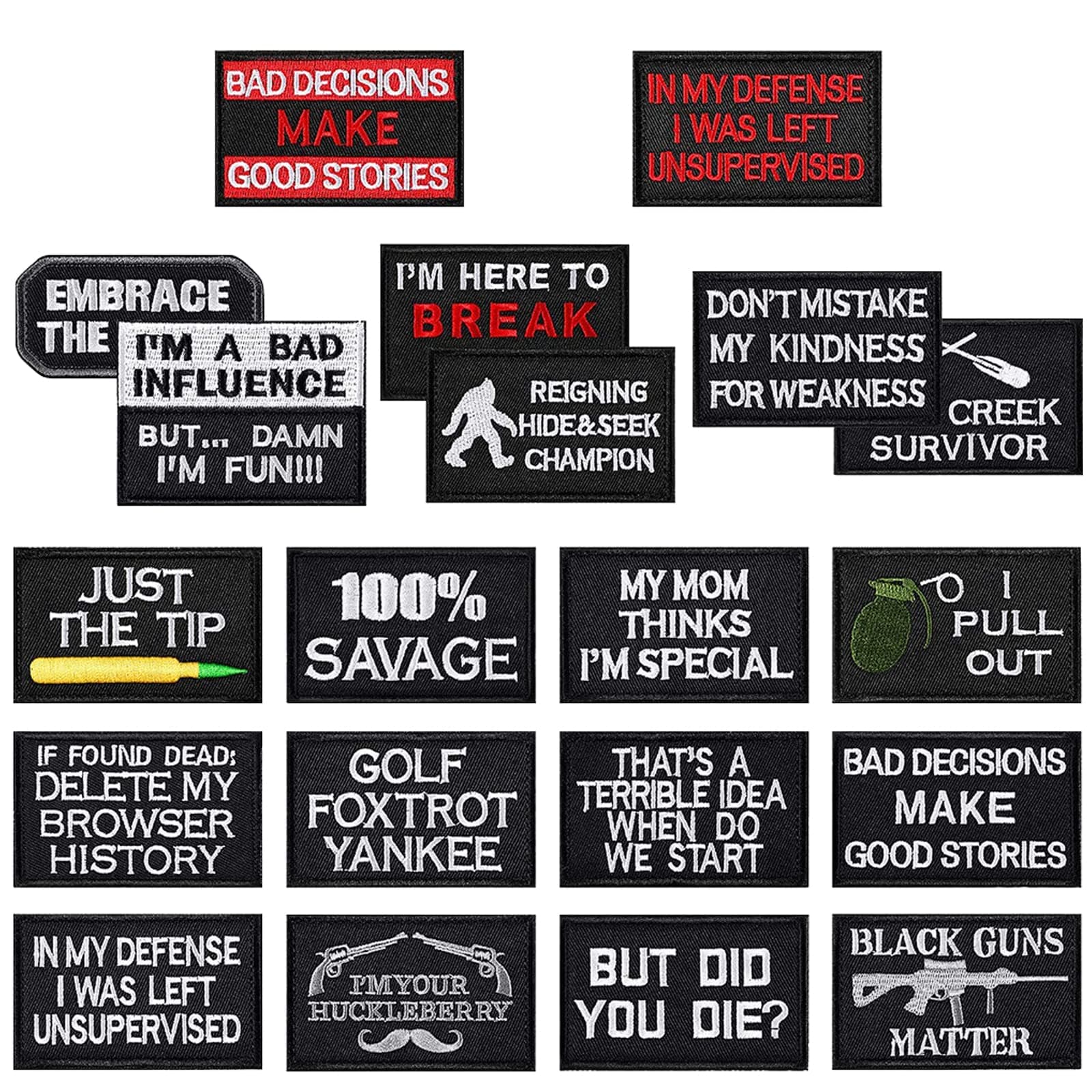 GYGYL 20PCS Tactical Morale Funny Patches Bundle, Hook and Loop Applique for Military Uniform Tactical Bag Jacket Jeans Hat