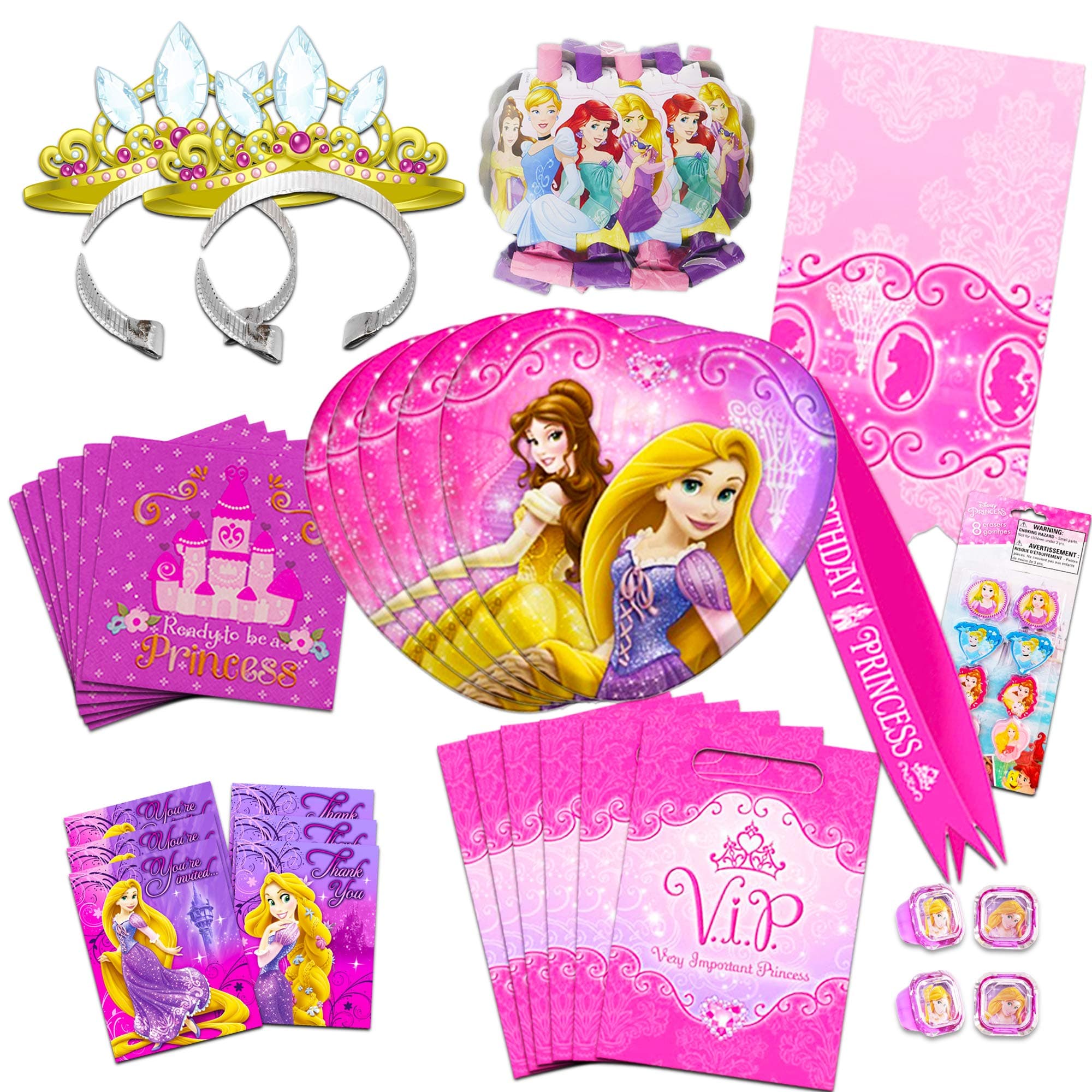 Disney Princess Party Supplies Ultimate Set -- Party Favors, Birthday Party Decorations, Plates, Napkins, Table Cover, Invitations and More